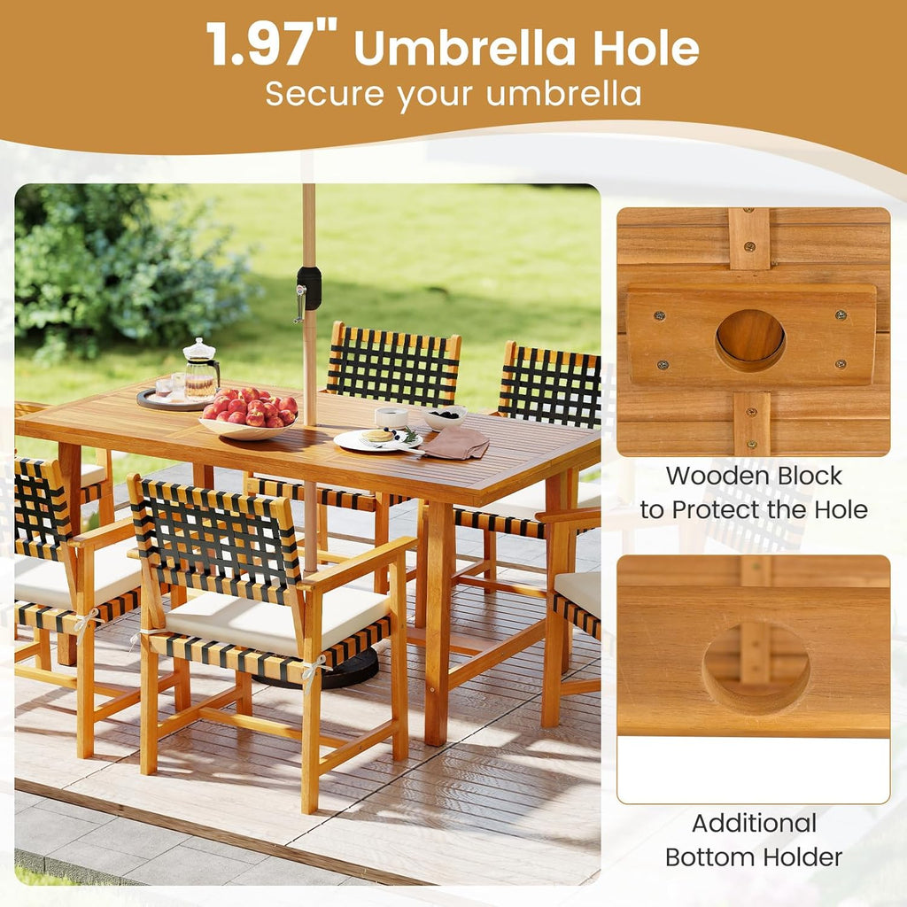Tangkula 3 Piece Patio Dining Set for 4 People, 63' Outdoor Acacia Wood Rectangular Table with 1.97' Umbrealla Hole & 2 Cushioned Bench, for Deck Yard and Poolside