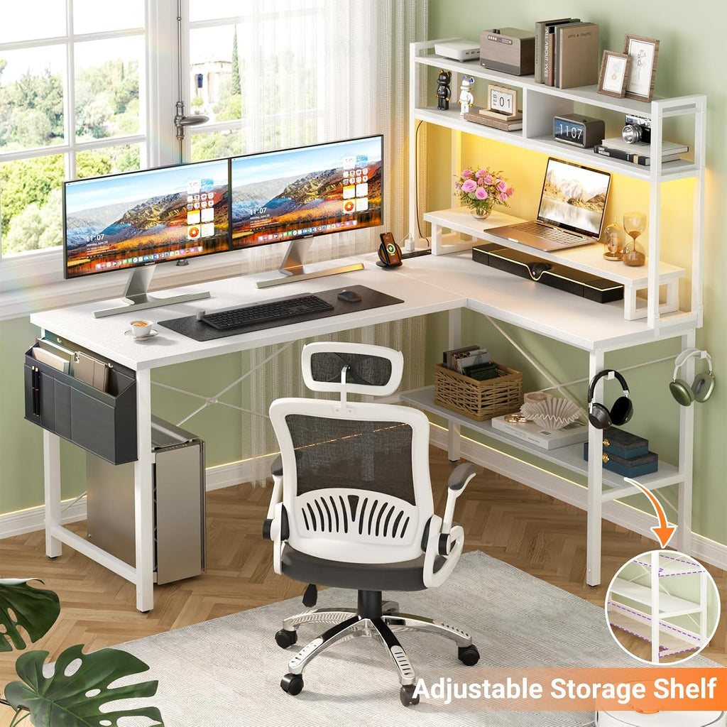 Aheaplus L Shaped Gaming Desk with Power Outlets & LED Lights, Small L- Shaped Desk Computer Corner Desk with Monitor Stand & Storage Shelf, Home Office Desk Writing Desk with Storage Bag, White