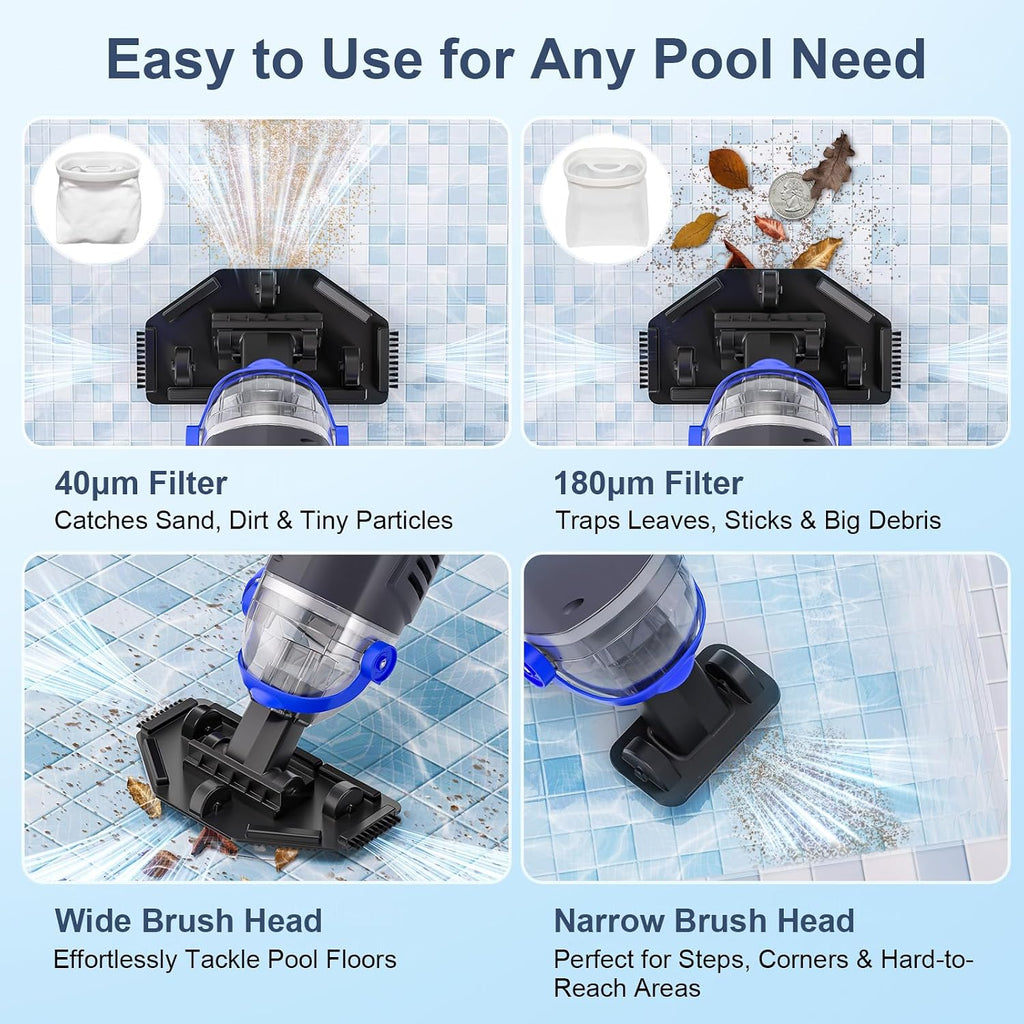 Upgraded Cordless Pool Vacuum with Telescopic Pole, 60 Min Powerful Suction & Large Head, Rechargeable Handheld Cleaner for Above Ground Pools, Inground Pools, Hot Tubs, and Spa