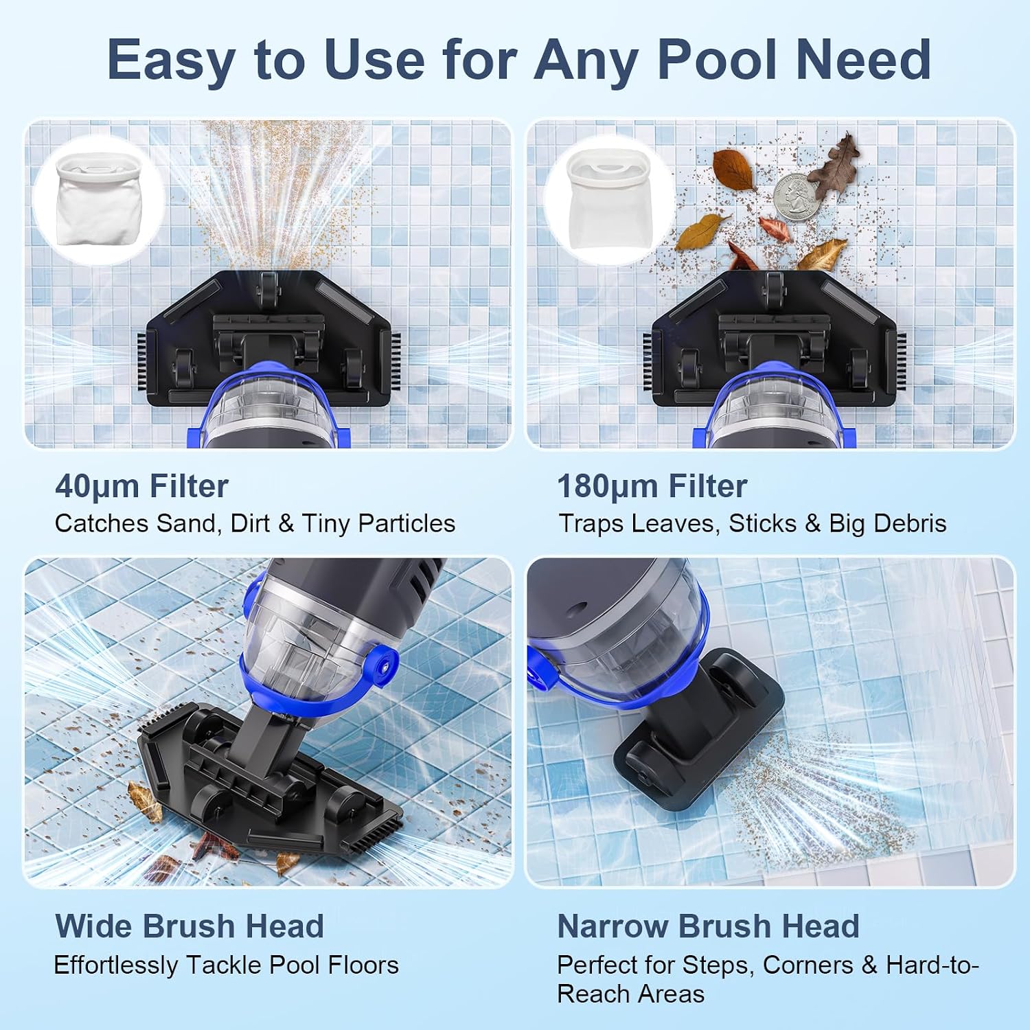 Upgraded Cordless Pool Vacuum with Telescopic Pole, 60 Min Powerful Suction & Large Head, Rechargeable Handheld Cleaner for Above Ground Pools, Inground Pools, Hot Tubs, and Spa