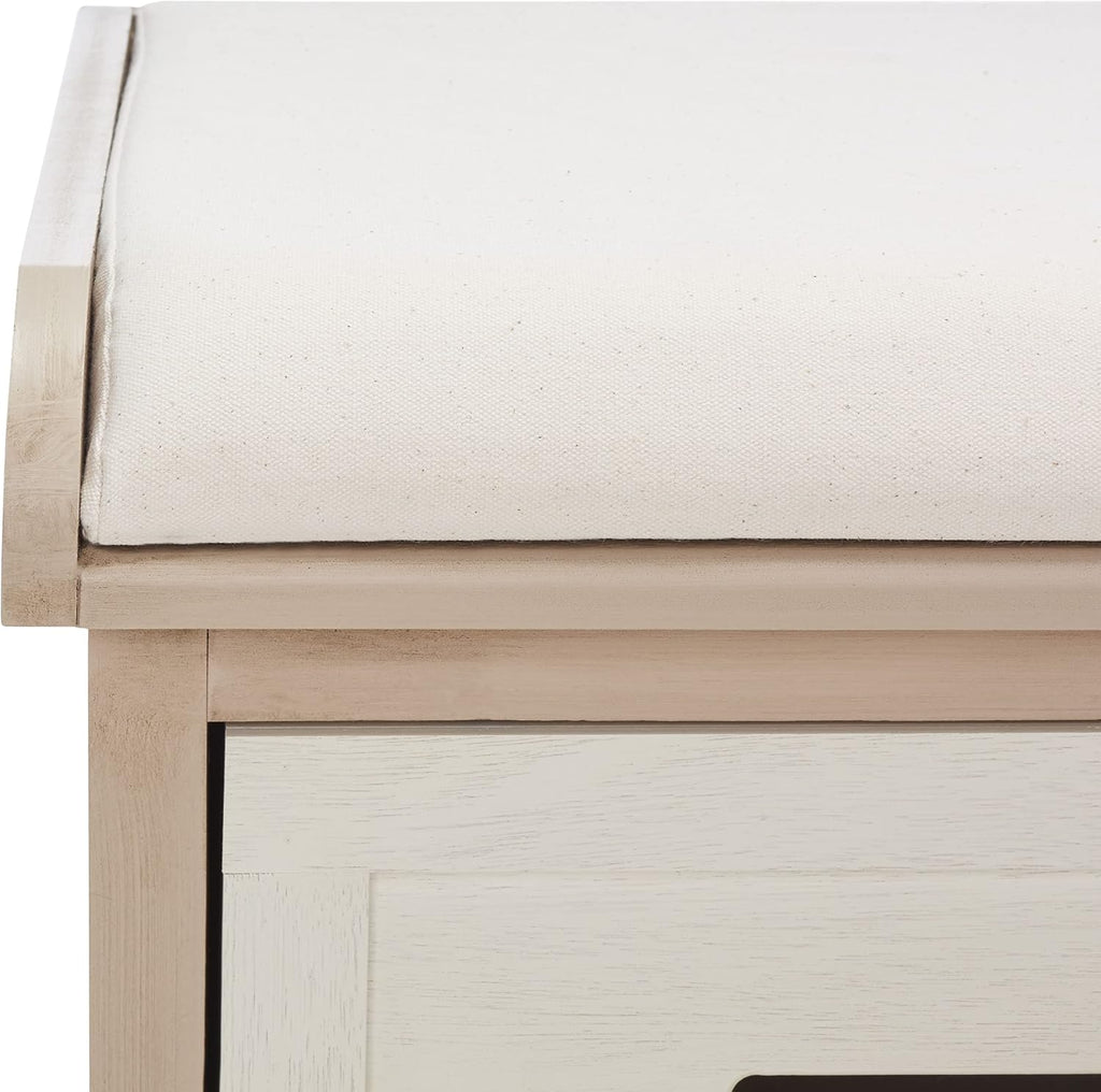 SAFAVIEH Home Collection – Briar 3-Drawer Upholstered Storage Bench, Farmhouse Entryway Accent Bench with Cushion Top, Sand Frame & Distressed White Drawer Fronts (BCH5700B)
