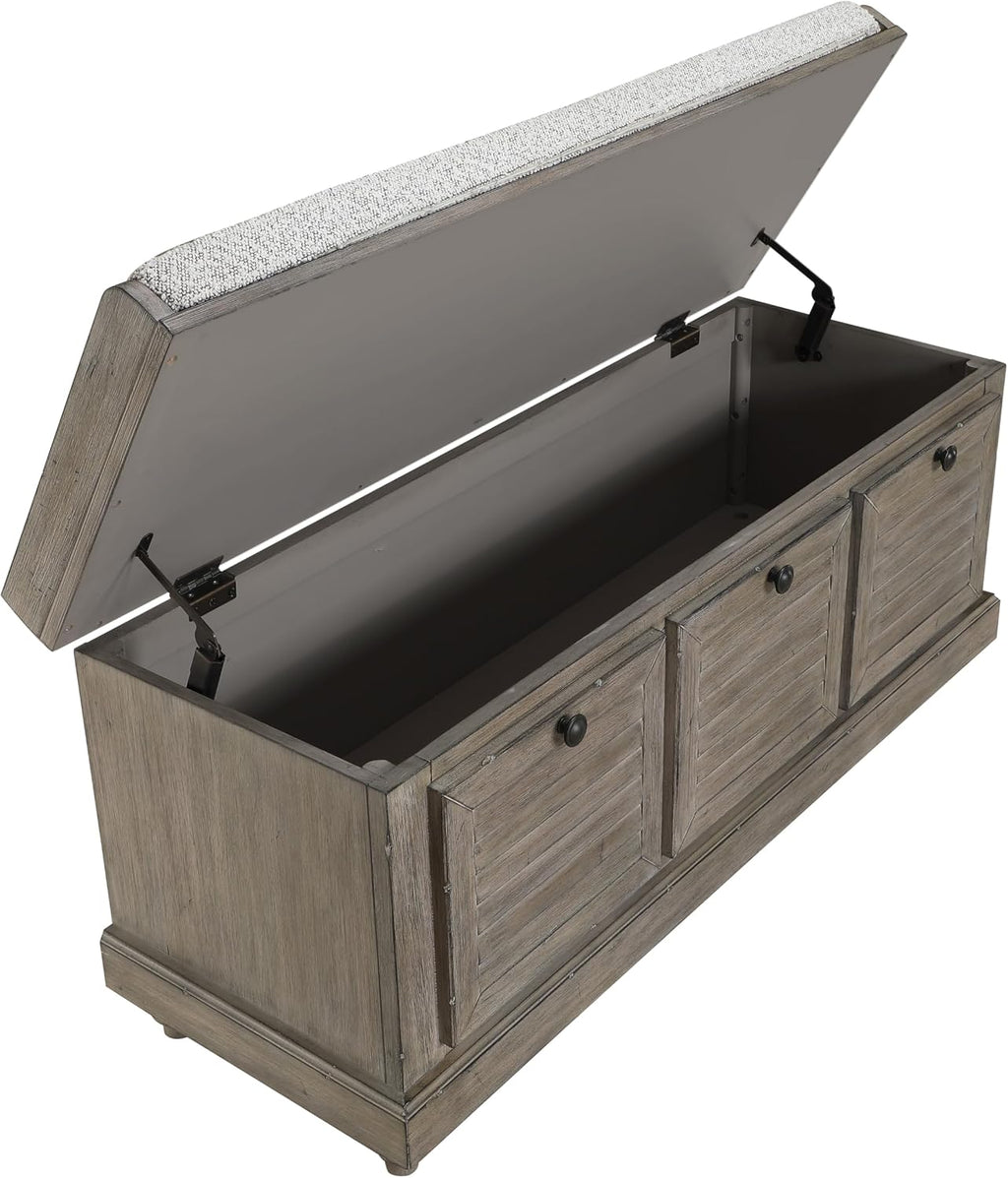 OSP Home Furnishings Dover Coastal Lift-Top Storage Bench with Shutter Face Styling, Goldstone Finish with Salt and Pepper Cushion