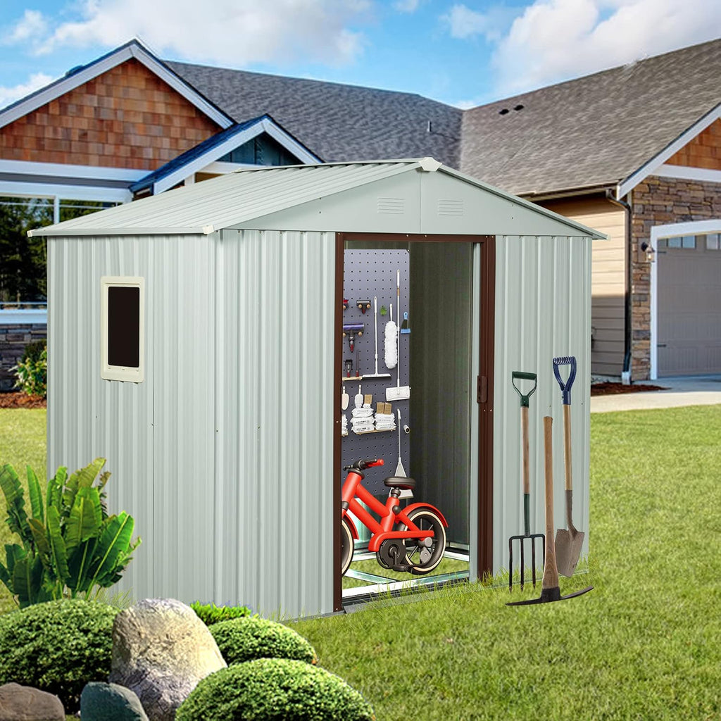 6 x 5 FT Outdoor Storage Shed, Metal Garden Shed with Floor Frame, Tool Shed Outdoor Storage with Lockable Sliding Doors & Window & Air Vents, Storage House Waterproof for Backyard, Lawn, White