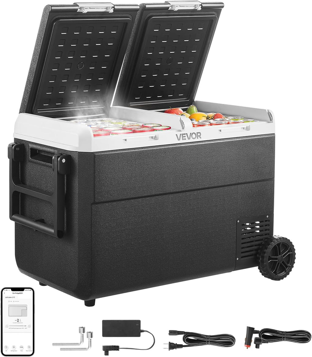 VEVOR 12 Volt Car Refrigerator, 100.4QT/95L Car Fridge, Dual Zone Portable Electric Cooler with Wheels and Handle, -4℉~68℉, 12/24V DC 100-240V AC Compressor Freezer for Outdoor, Camping, Travel, RV