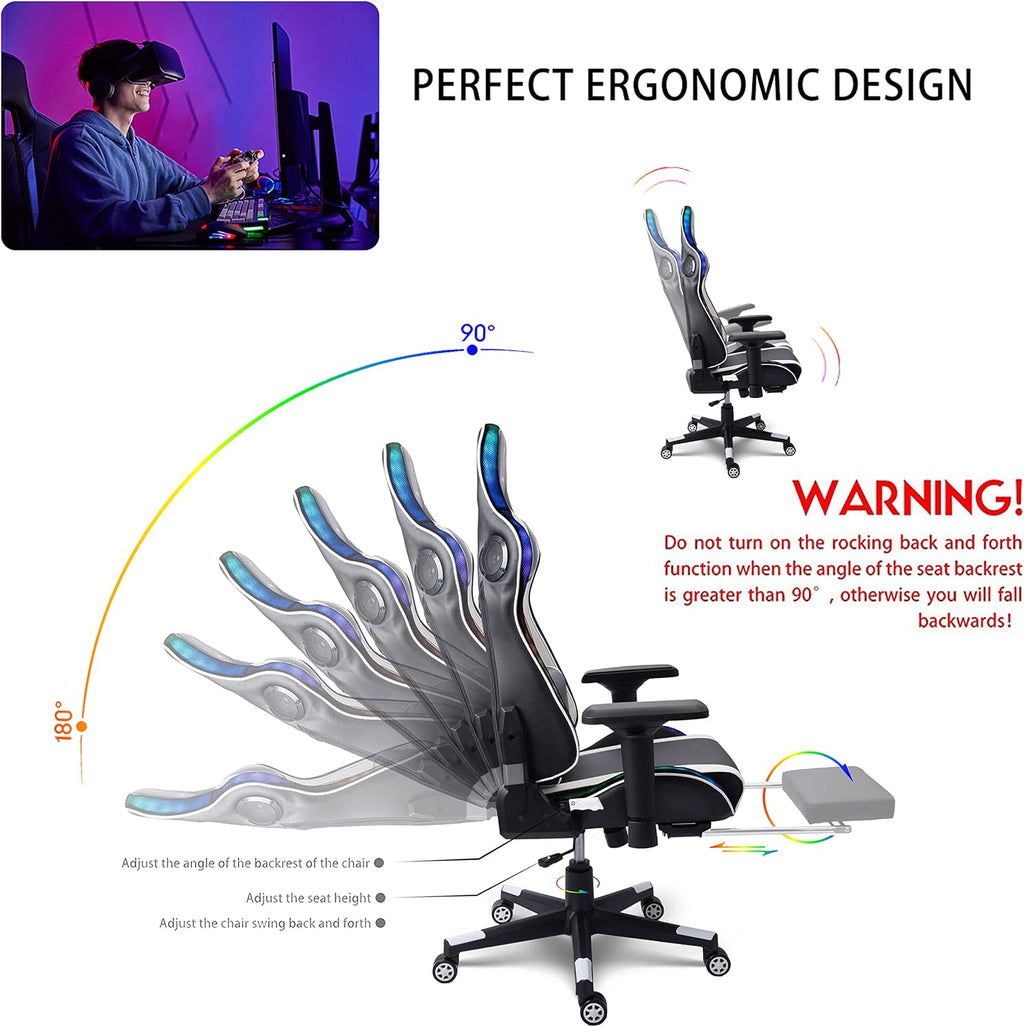 Massage Gaming Chair with Speakers and LED Lights, Ergonomic Computer Gaming Chair with Footrest and Lumbar Support, Office Video Game Chairs with Adjustable Height and Backrest.,White