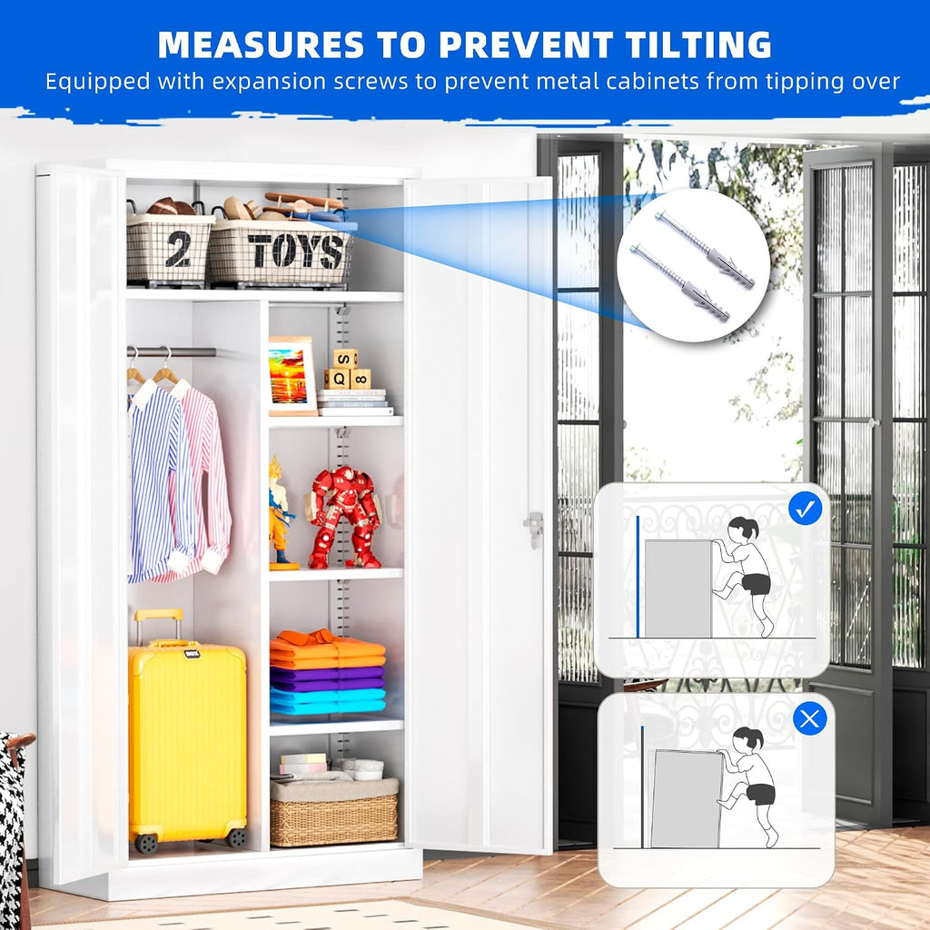 Pataku 72' Metal Wardrobe Storage Cabinet Armoire, Locking Cabinet Locker with Hanging Rod, Steel Garage Storage Closet with 4 Adjustable Shelves for Office, Home, Employee, Broom(White)