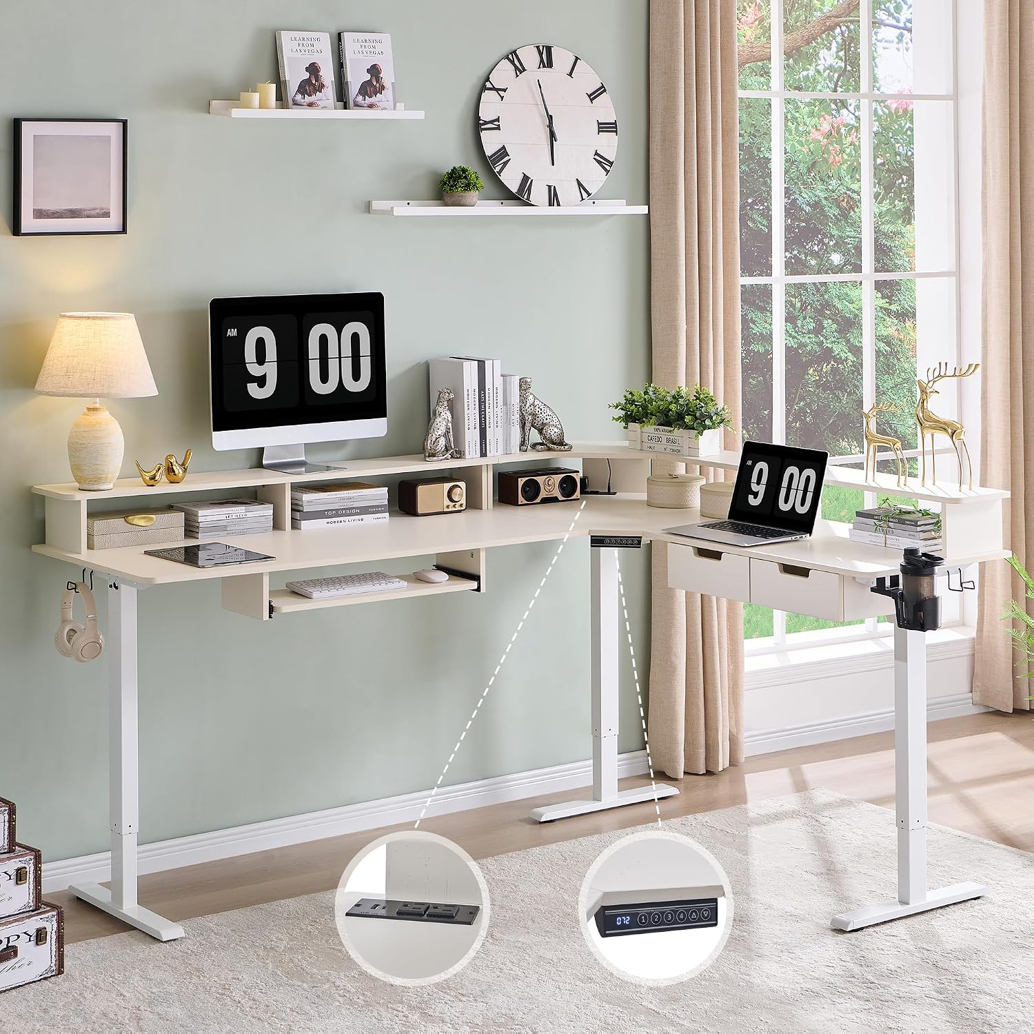 RedLemon 75X60 Inches L Shaped Electric Standing Desk, Height Adjustable Corner Gaming Desk with Drawers, Keyboard Tray, Power Outlets & LED Lights, Computer Desk with Monitor Shelf, Antique White