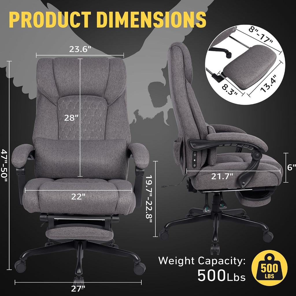 3D Kneading Massage Office Chair with Heat, 500 lbs Big and Tall Executive Computer Desk Recliner, Electric Heated Gaming Chairs with Massage & Footrest, Grey,