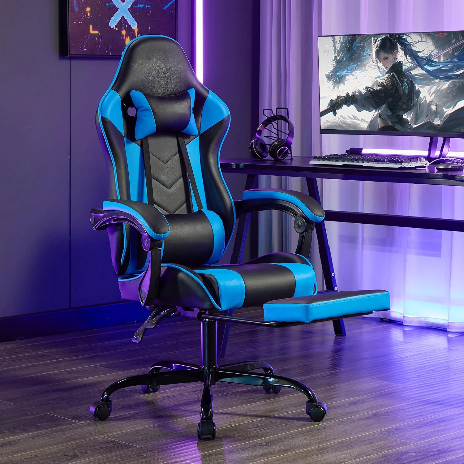 Gaming Chair with Footrest, Ergonomic Computer Chair with Headrest and Lumbar Support, Breathable Material Height Adjustable Swivel Video Game Chairs for Adults, 300lbs Max, Black & Blue
