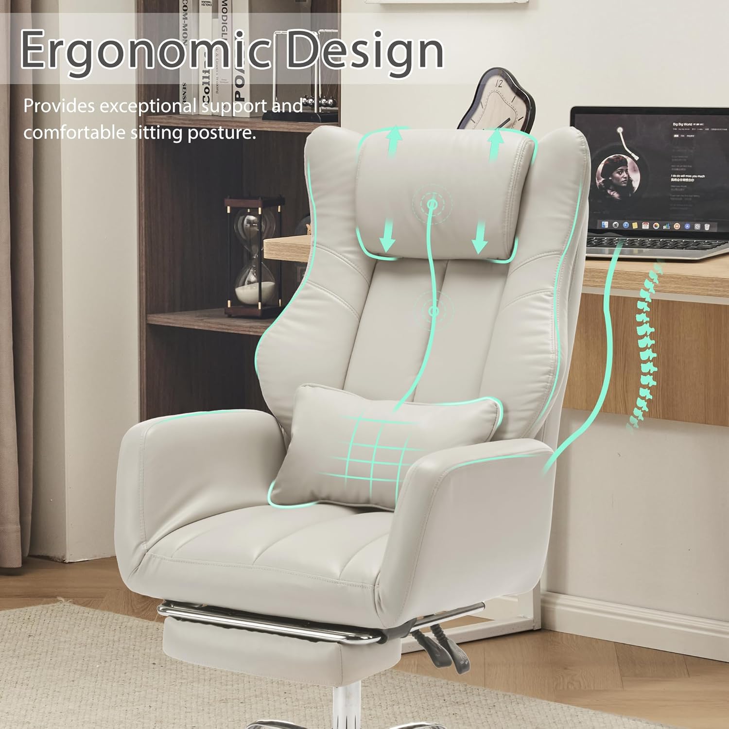Ergonomic Cross Legged Office Chair with Footrest,Leather Big and Tall Executive Chair with Wheels,Reversible Armrest and Lumbar Pillow,155° Reclining Computer Wide Desk Chair for Home,Office (Beige)