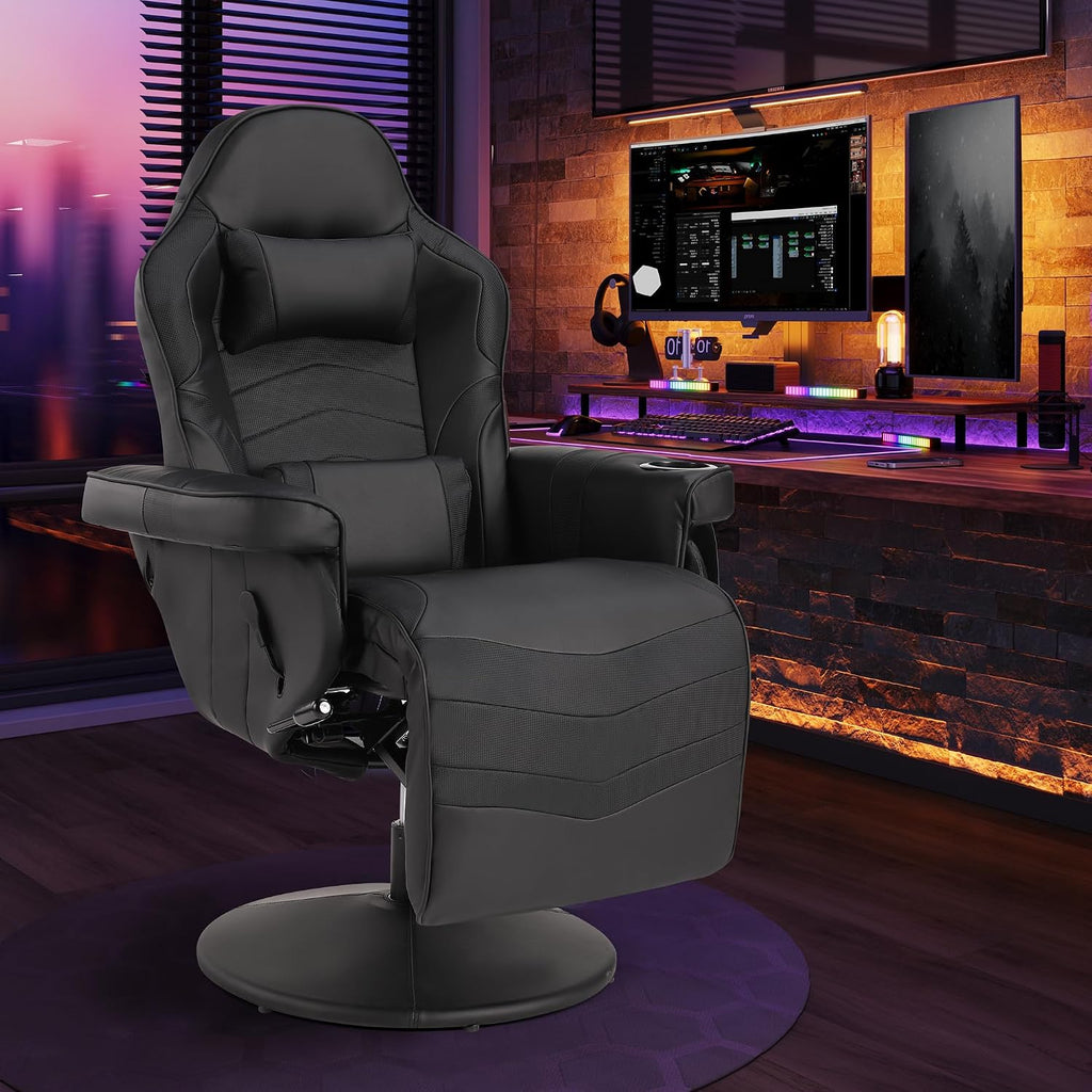 Massage Gaming Recliner Chair with Cup Holder & Side Pockets – Ergonomic PU Leather Video Gaming Chair with Footrest, Manual Recline, Headrest & Lumbar Support for Office or Game Room (Black)