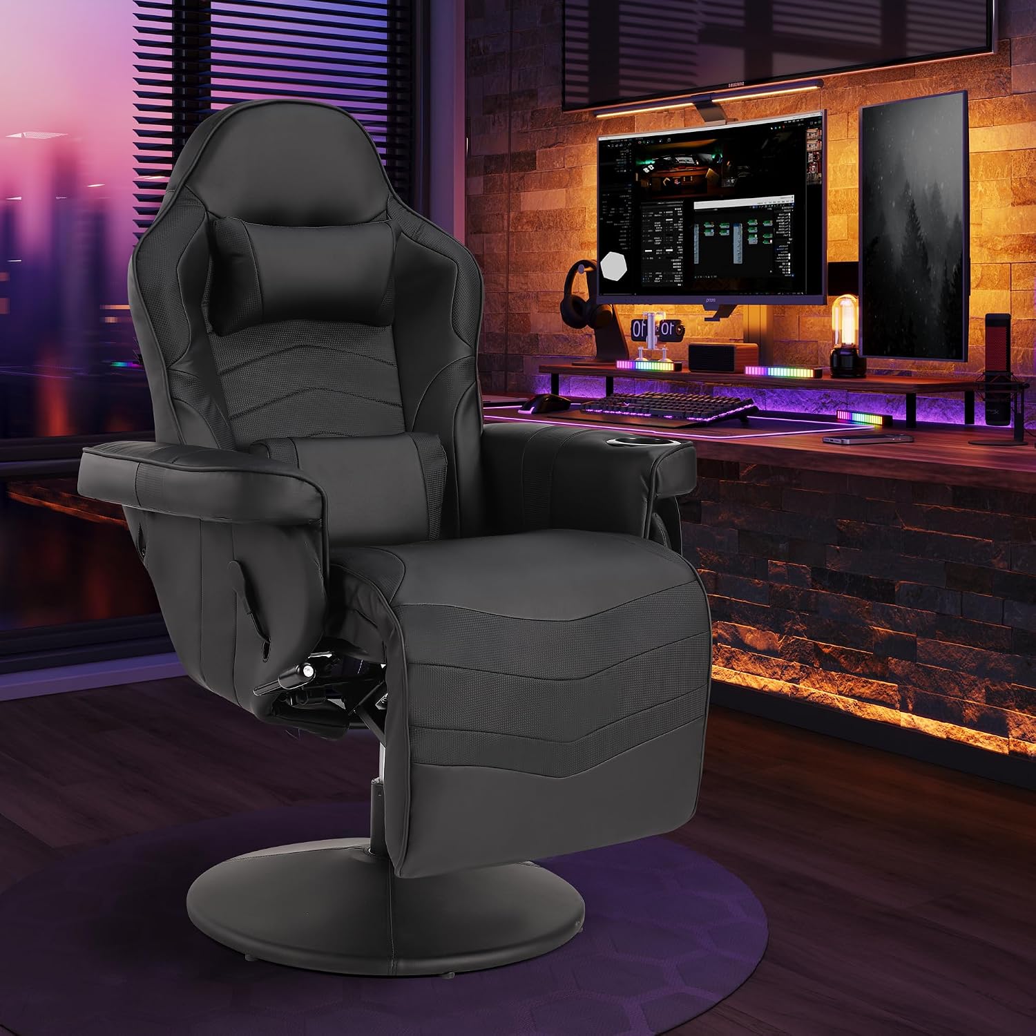 Massage Gaming Recliner Chair with Cup Holder & Side Pockets – Ergonomic PU Leather Video Gaming Chair with Footrest, Manual Recline, Headrest & Lumbar Support for Office or Game Room (Black)