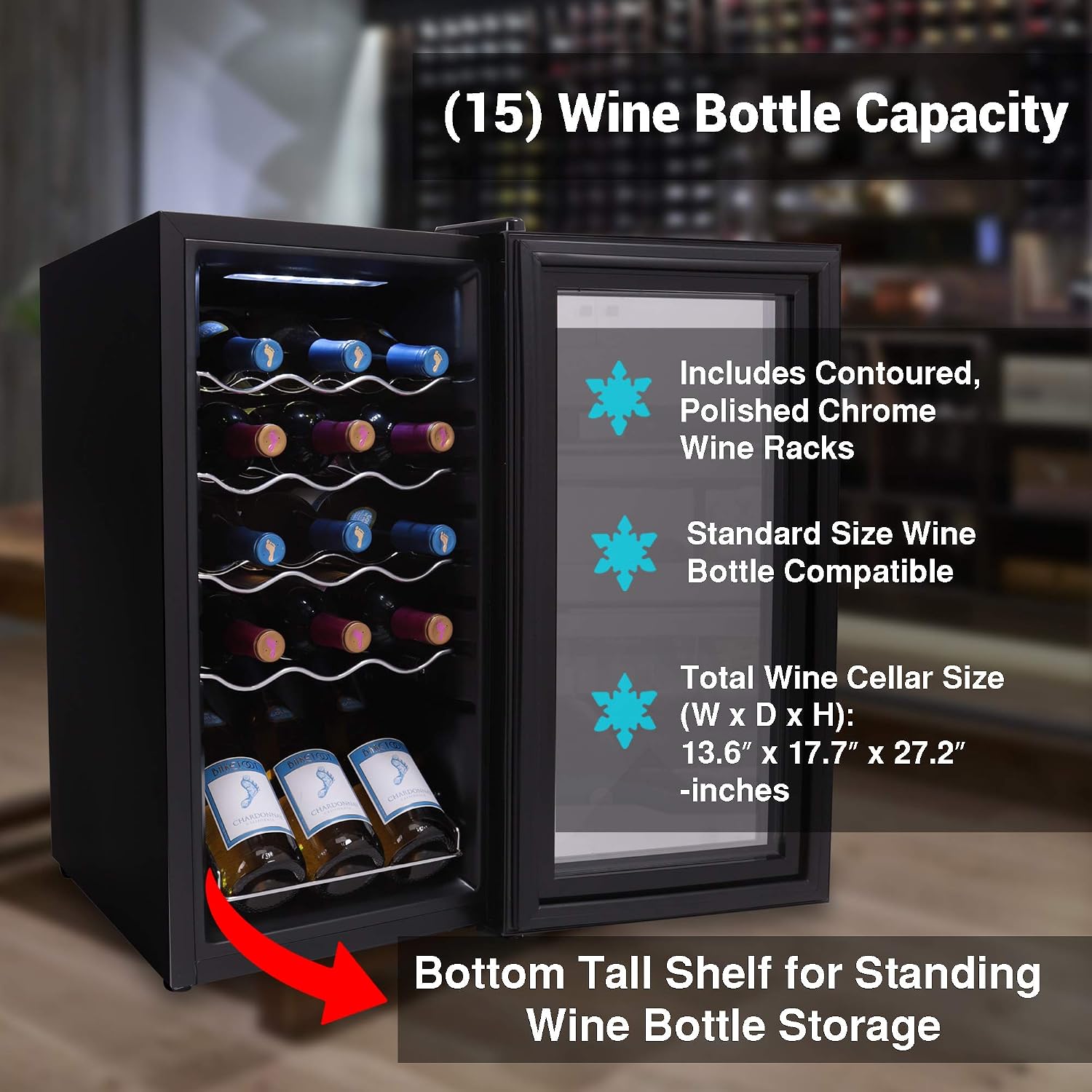 NutriChef Compressor Refrigerator White & Red Chiller Countertop Cooler-Freestanding Compact Mini Wine 15 Bottle Capacity, Digital, Glass Door, Black, Quiet Operation Fridge Touch Temperature Control