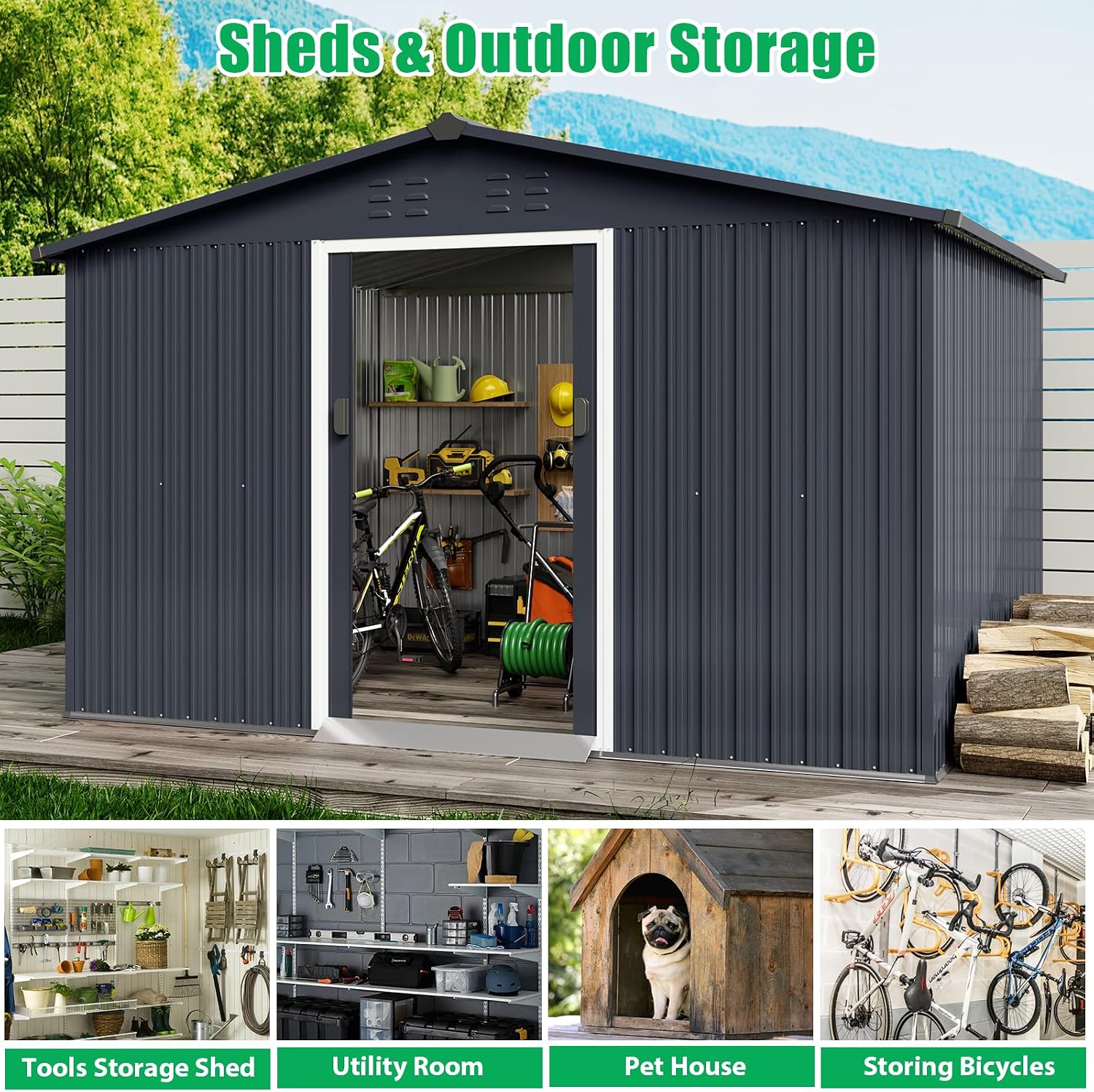 Acekool 10x12 FT Outdoor Metal Storage Shed, Large Garden Tool Shed with Lockable Door and Vents, Waterproof Galvanized Metal Sheds for Tools & Equipment, Garbage Can, Bike, Mower, Gray
