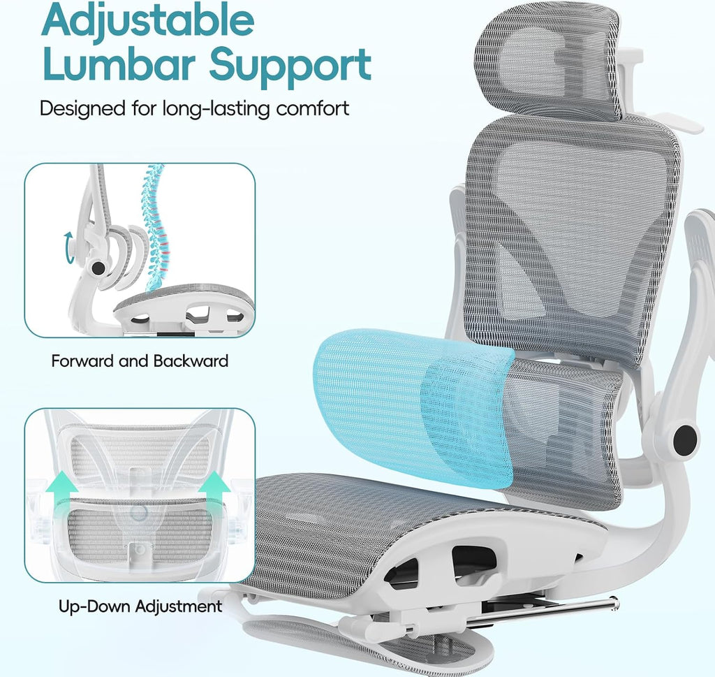 Alllion Ergonomic Mesh Office Chair, Home Desk Chair Comfy High Back with Adjustable Lumbar Support, 3D Headrest, Flip-up Arms, Big and Tall Reclining Computer Gaming Chairs for Men Women, Grey