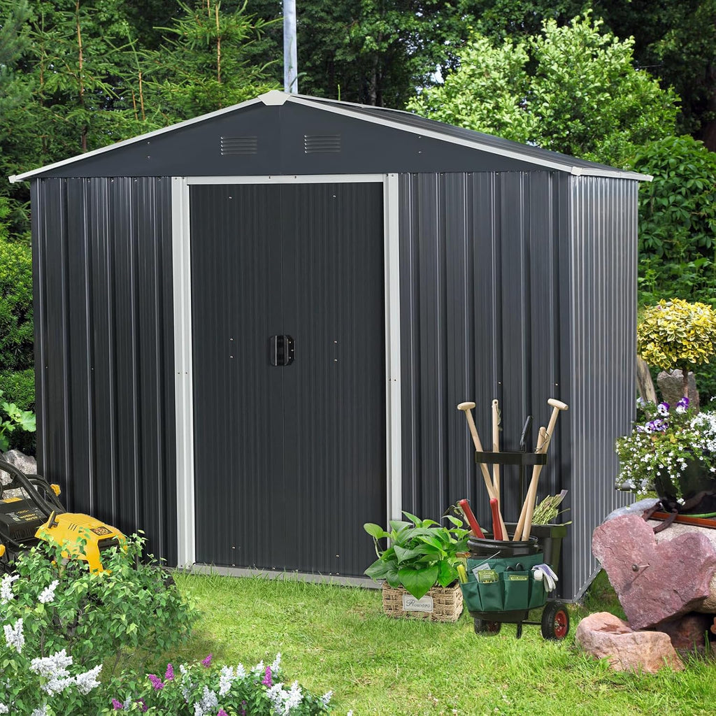 8 x 6 FT Outdoor Storage Shed, Metal Garden Shed with Floor Frame, Large Tool Shed Outdoor Storage with Lockable Sliding Doors & Air Vents, Storage House Waterproof for Backyard, Lawn, Black