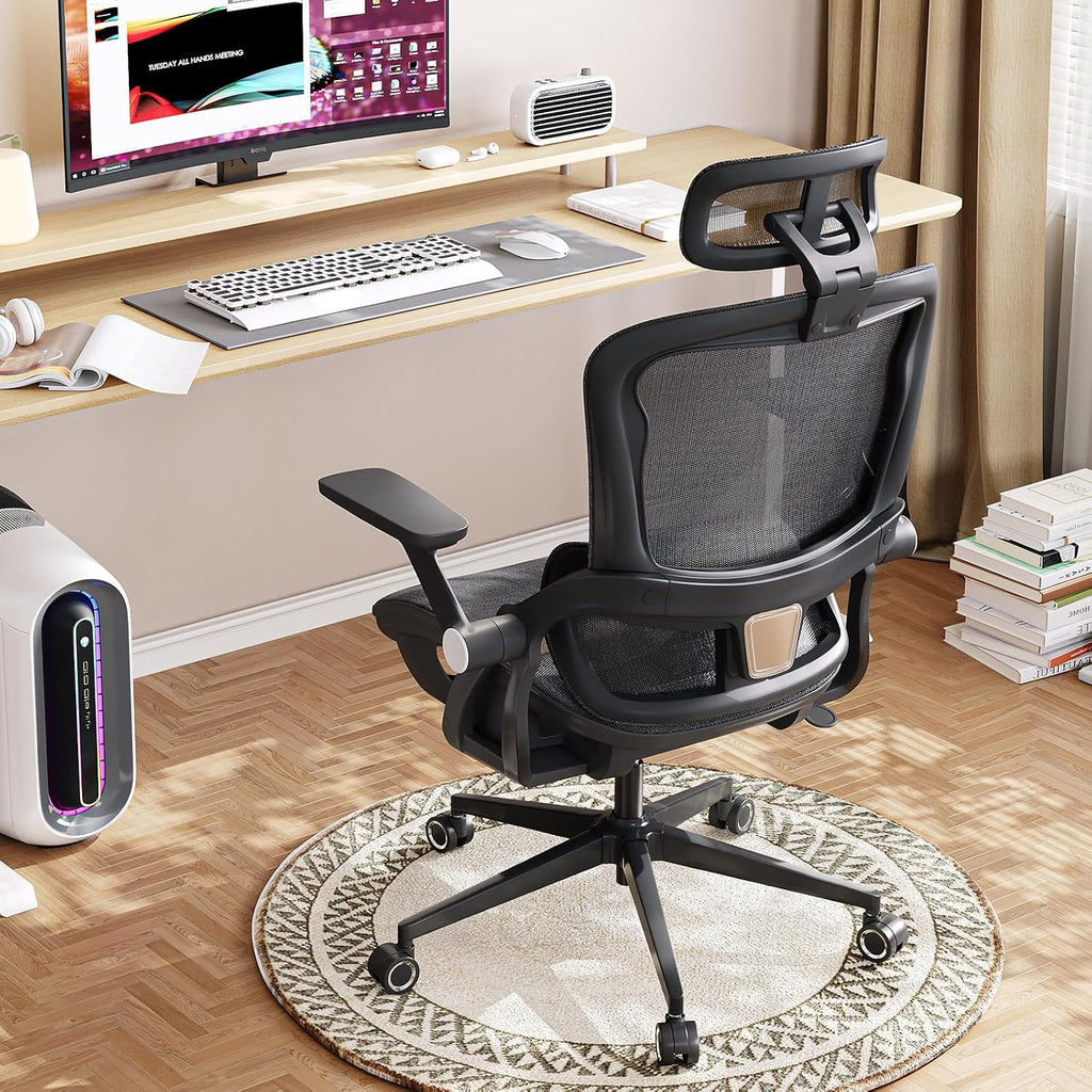 Office Chair Ergonomic Desk Chair with Lumbar Support&Headrest&Flip-up Arms Height Adjustable Rocking Swivel High Back Computer Chair Multi-Angle from 90° to 130° with 350LBS Capacity(04black)