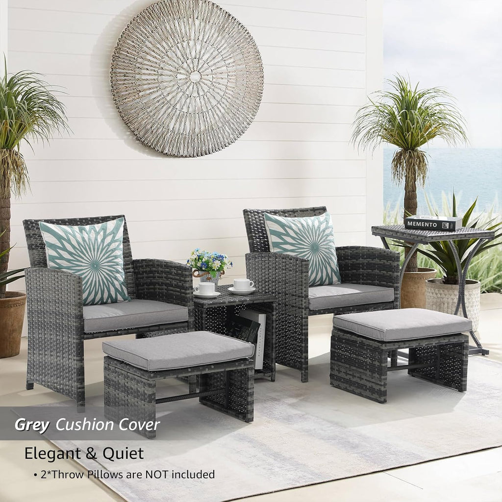 OC Orange-Casual 6 Piece Patio Furniture Conversation Set with Ottoman, Outdoor Grey Wicker Chair and Table Set, Balcony Furniture for Apartments, Light Grey