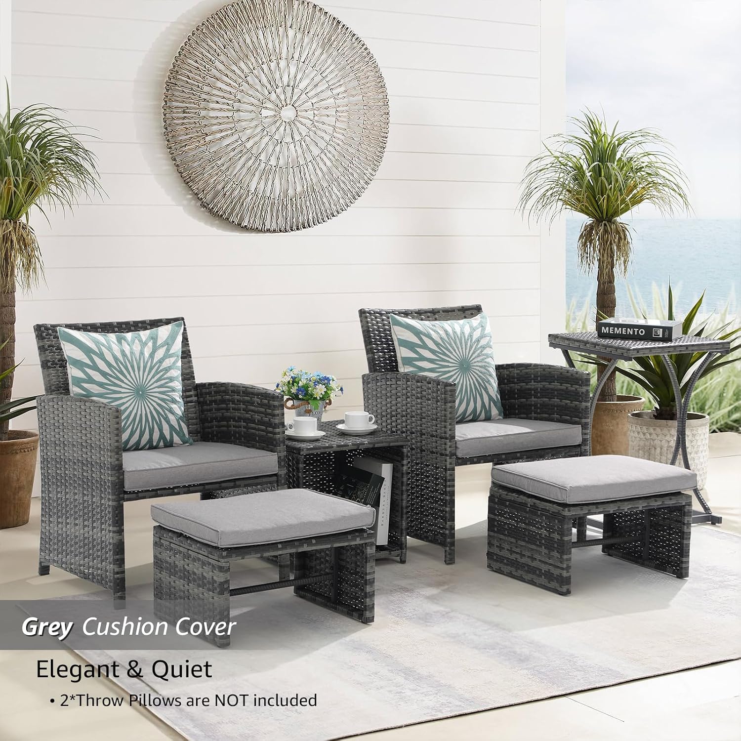 OC Orange-Casual 6 Piece Patio Furniture Conversation Set with Ottoman, Outdoor Grey Wicker Chair and Table Set, Balcony Furniture for Apartments, Light Grey