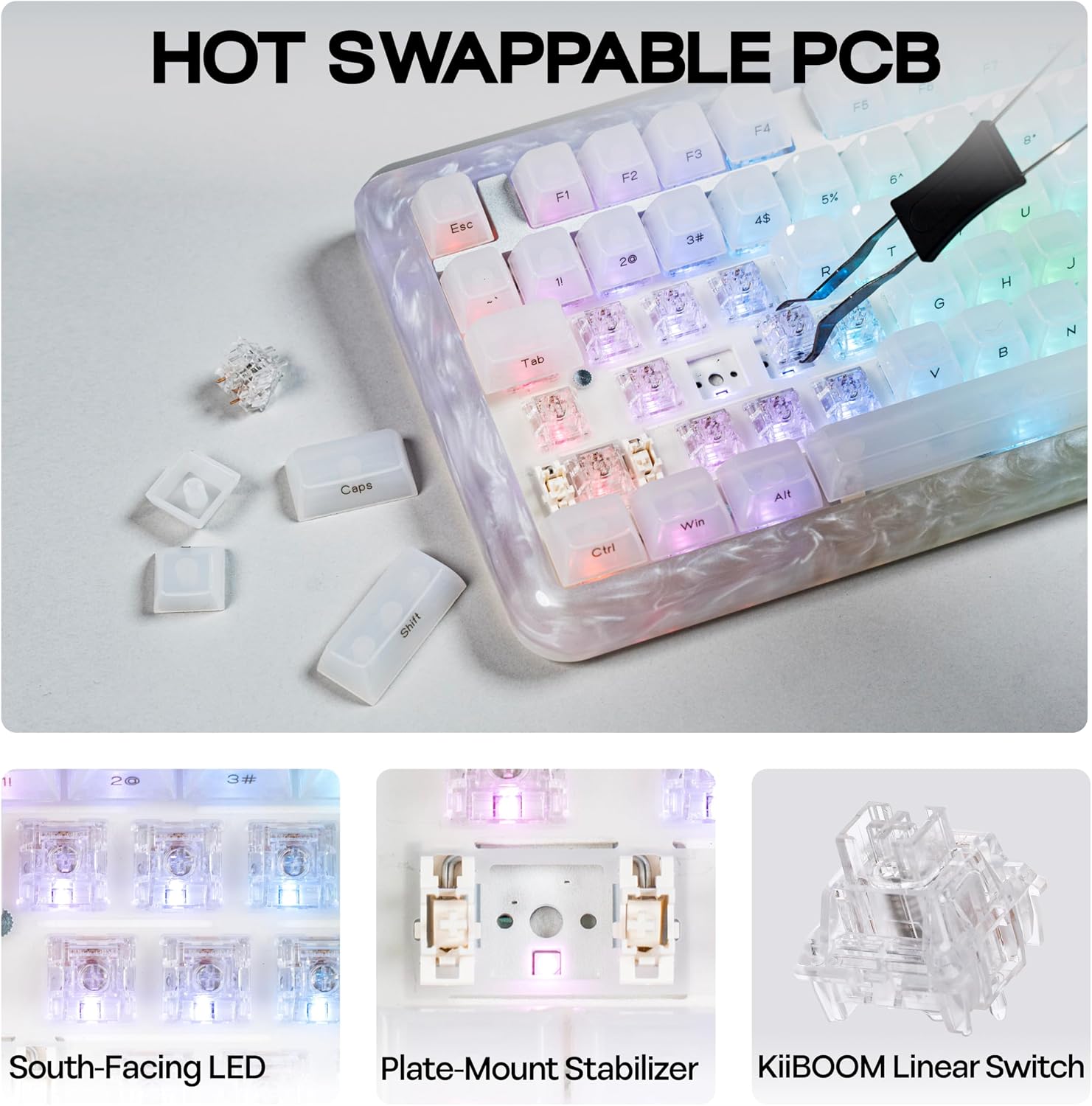 KiiBoom Jade75 75% Resin Molding Mechanical Keyboard, BT5.0/USB-C/2.4GHz Wireless Gaming Keyboard, QMK&VIA Programmable, RGB Backlits, Hot-Swappable, CNC+UV Case for Windows/Mac/Linux (White)