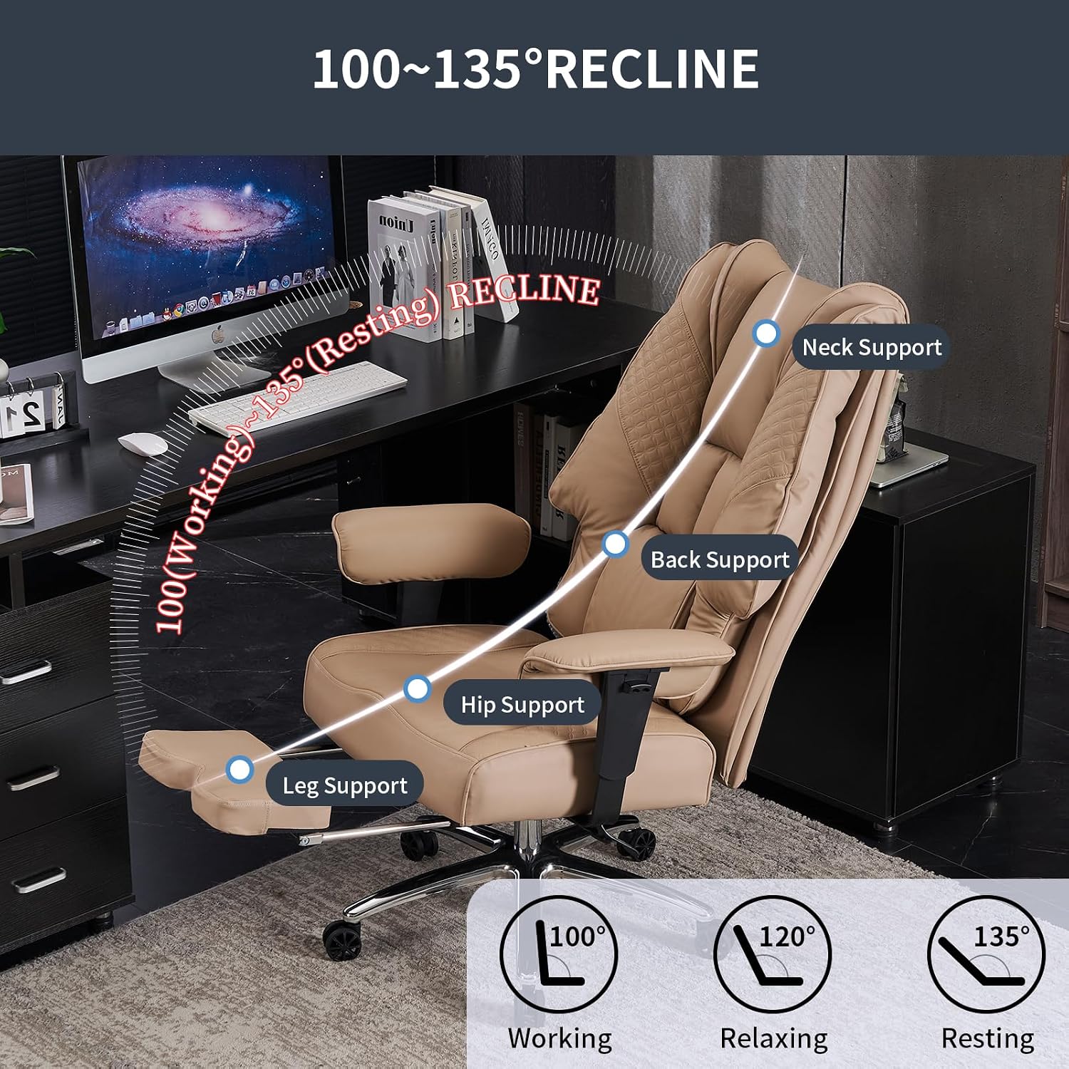 EXCEBET Big and Tall Office Chair 400lbs Wide Seat, Leather High Back Executive Office Chair with Foot Rest, Ergonomic Chairs Lumbar Support for Lower Back Pain Relief (Brown)