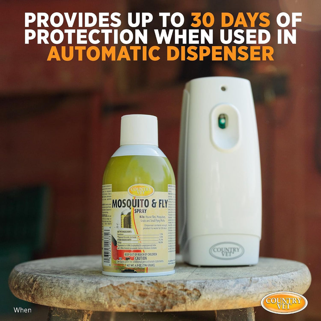 Country Vet Mosquito+Fly Metered Spray Refill (Case of 12) & Automatic Metered Dispenser (Case of 12) - 342033CVA - Great for Barns, Stables, Farms, Stalls and Outdoor Insect/Fly Prevention