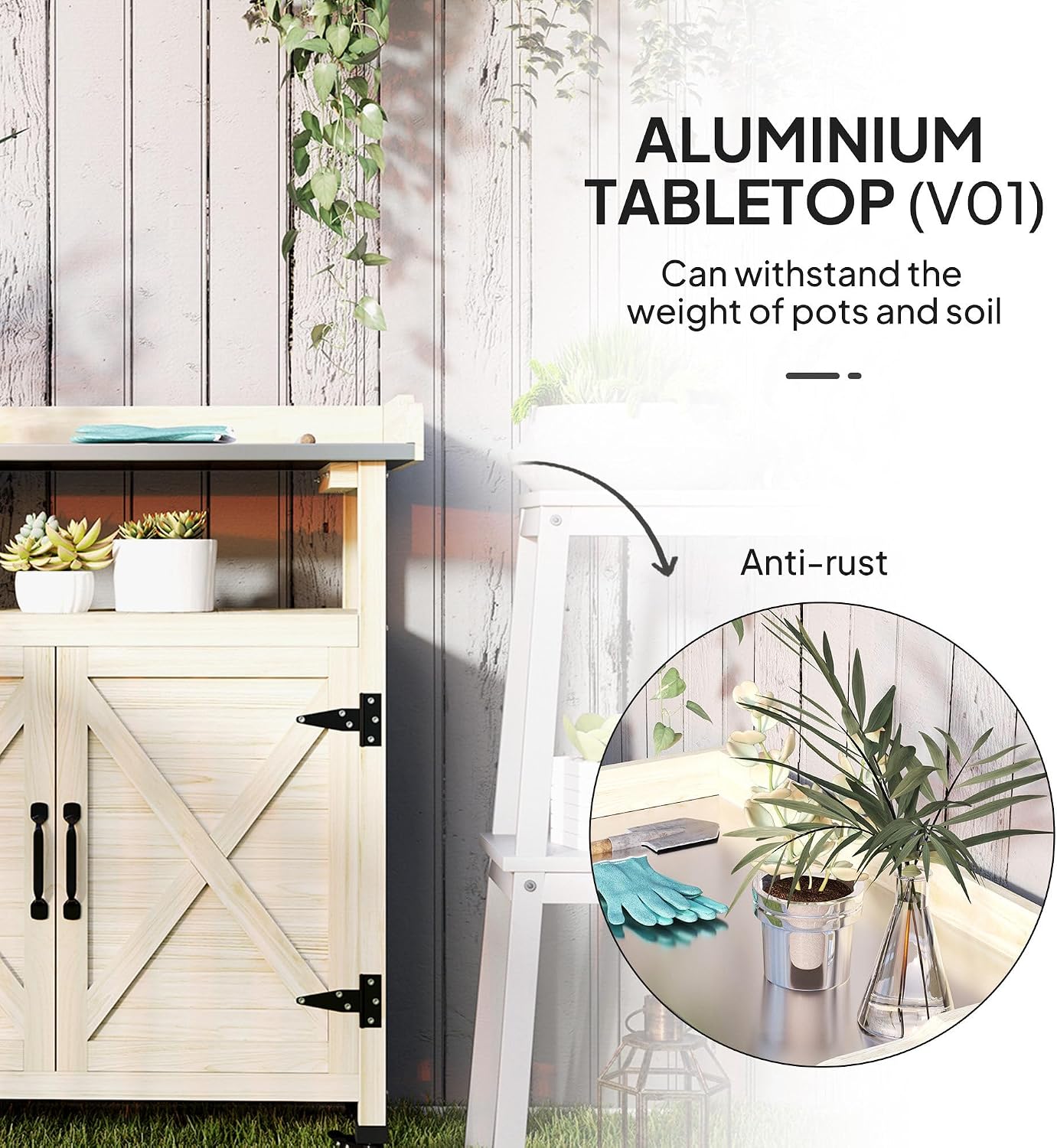 Outsunny Outdoor Wooden Potting Bench Table, Garden Workstation with Storage Cabinet, Aluminum Table Top, Rubber Wheels for Backyard, Patio, Balcony, Natural Wood