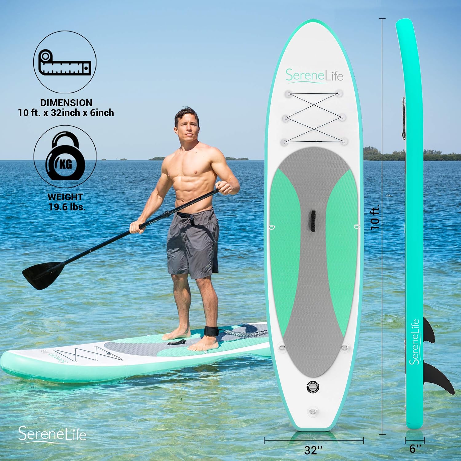 SereneLife 10' Inflatable Stand Up Paddle Board 2-Pack with Premium SUP Accessories – 32' Wide Stable Design with Non-Slip EVA Deck Pad for Youth and Adults, 350 lbs. Capacity Each
