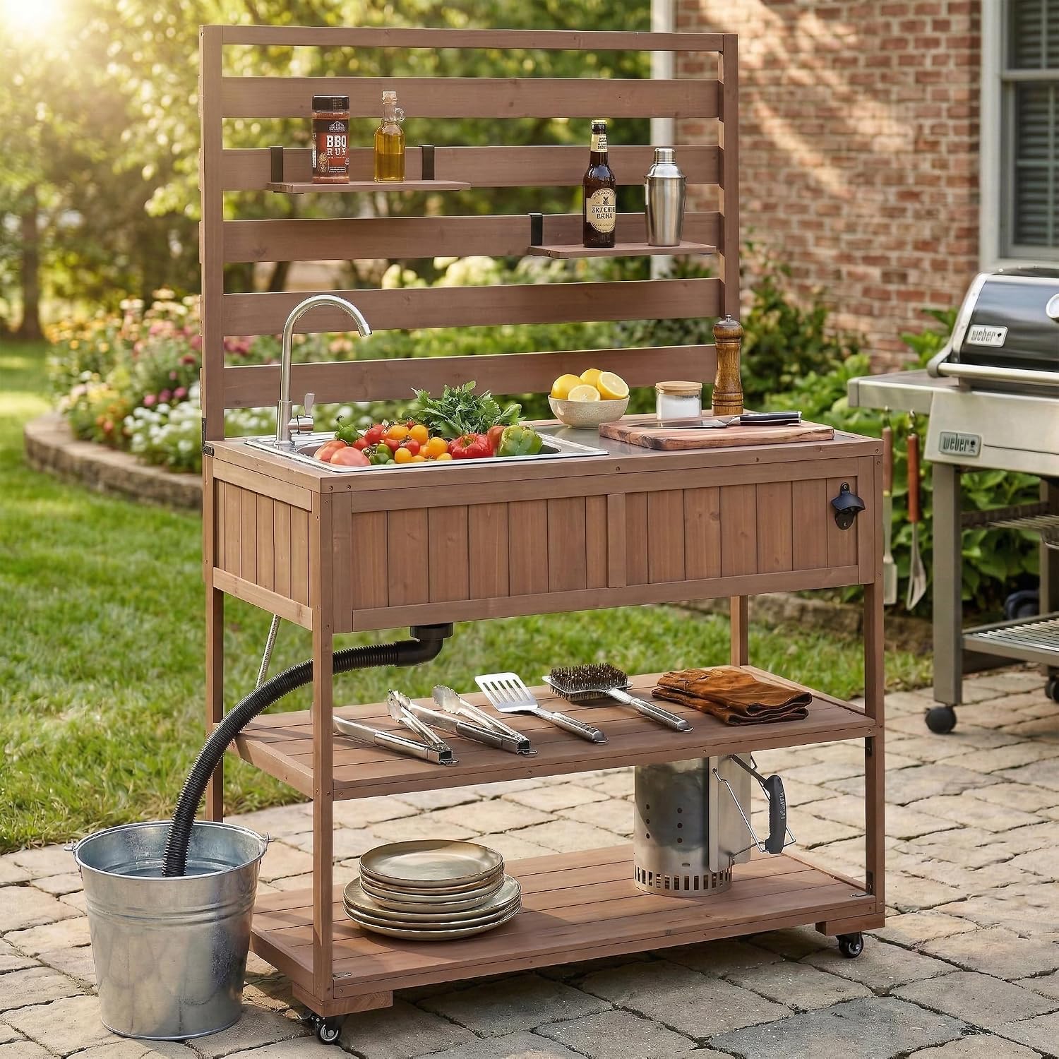 41.7'' Large Patio Rolling Kitchen Island Solid Wood Kitchen Cart with Sink, Garden Potting Bench with Stainless Table Top, 2 Movable Shelves and 1 Bottle Opener (Brown-41.7'')