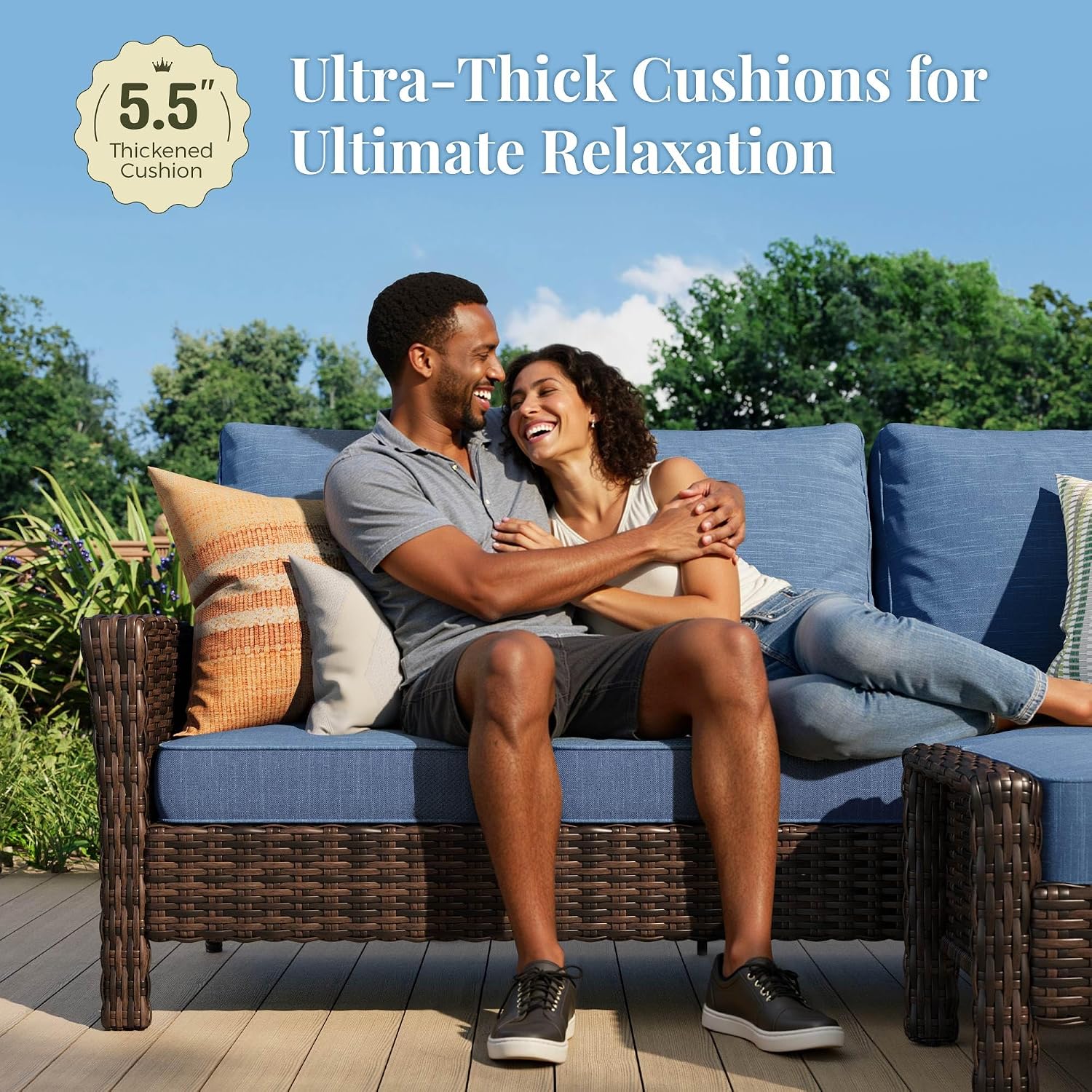MIXPATIO Patio Furniture Set with High Back Swivel Chairs, 4-Piece Outdoor Conversation Sets with 5.5-inch Thick Cushion, All-Weather Wicker Patio Sofa Set for Deck Yard Pool, Navy Blue