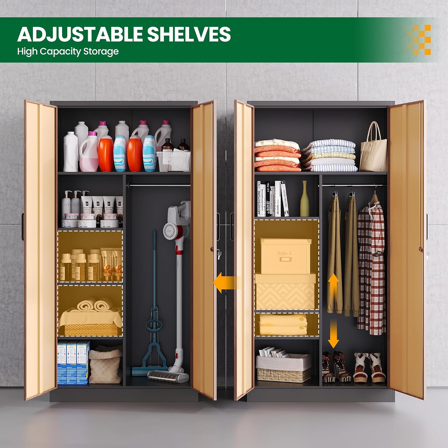 Broom Closet Storage Cabinet with Lock, Metal Garage Storage Cabinet with Doors and Shelves, Steel Wardrobe Cabinet with Hanging Rod, Utility Cabinets Closet for Kitchen, Office, Shop, Warehouse