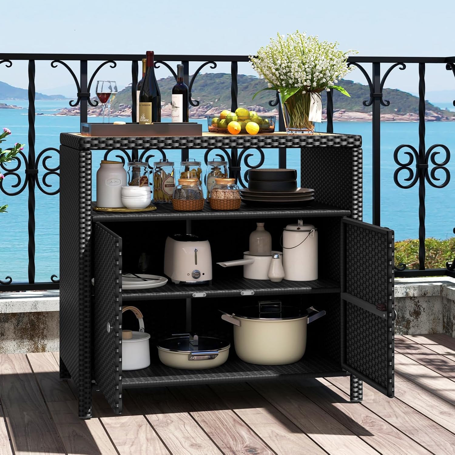 RELAX4LIFE Wicker Outdoor Bar Cabinet - PE Rattan Patio Bar Table w/Acacia Wood Countertop, Open Shelf & 2 Doors, Buffet Sideboard Organizer for Garden Backyard Pool, Outside Storage Cabinet (Black)