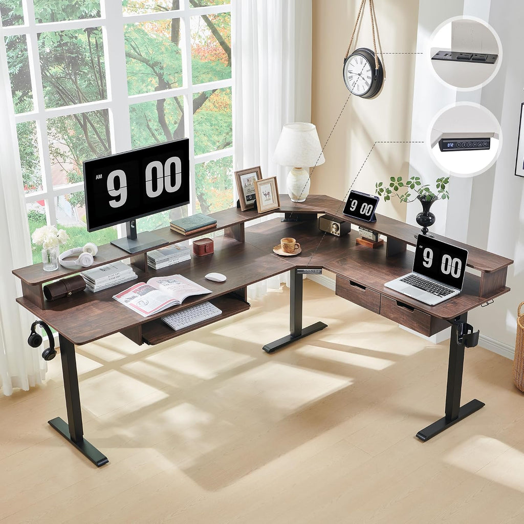 RedLemon 75X60 Inches L Shaped Electric Standing Desk, Height Adjustable Corner Gaming Desk with Drawers, Keyboard Tray, Power Outlets & LED Lights, Computer Desk with Monitor Shelf, Dark Walnut