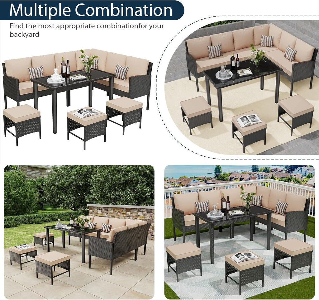 7-Piece Outdoor Patio Furniture Set, Wicker Sectional Sofa with Seat & Back Cushions & 3 Pillows, All-Weather Conversation Set with Long Glass Coffee Table for Garden, Porch, Lawn, Khaki