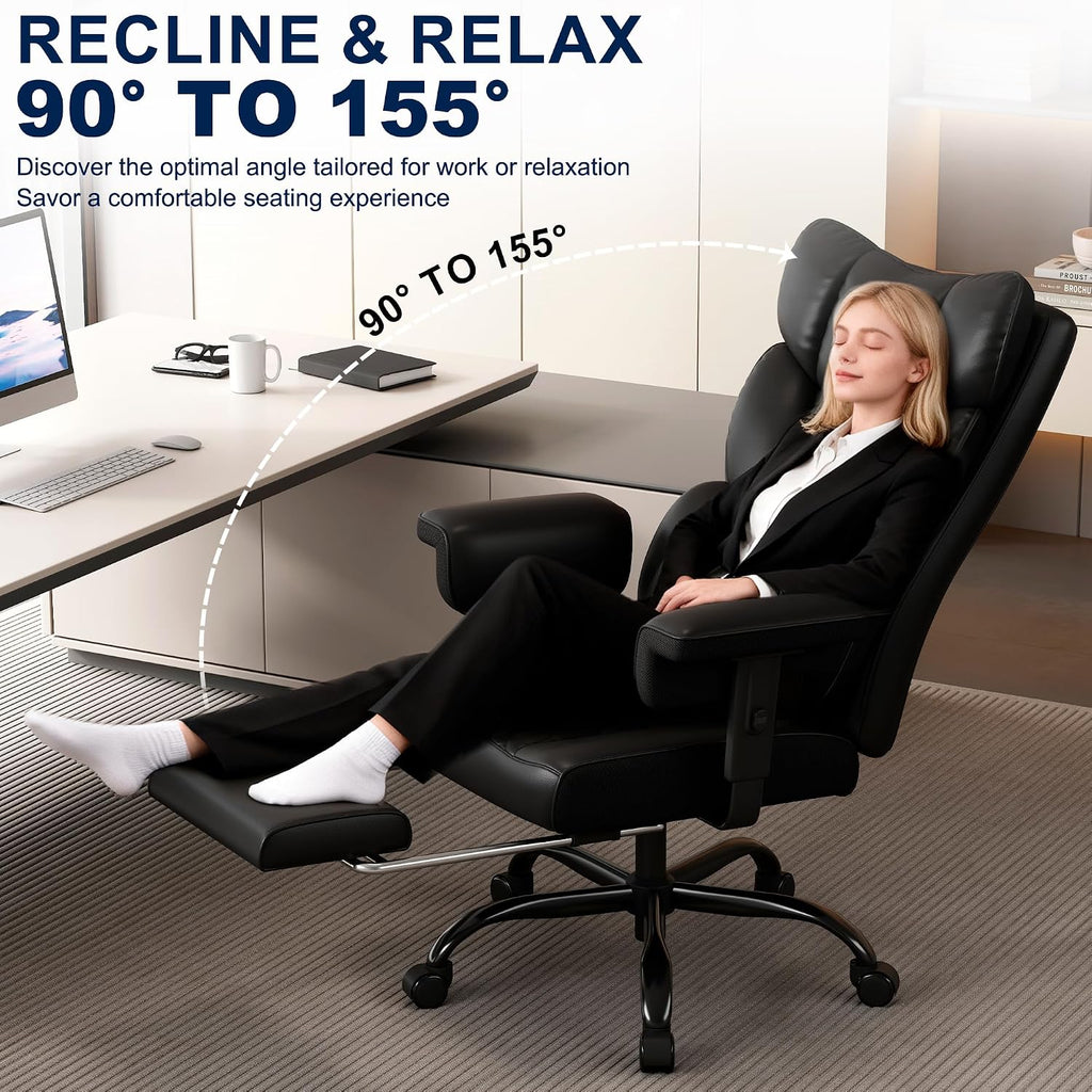 Misolant Big and Tall Office Chair with Footrest, High Back Executive Desk Chair with Adjustable Lift Armrest, 155°Recline，Lumbar Support Pillow, Faux Leather Gaming Chairs for Home or Office Black