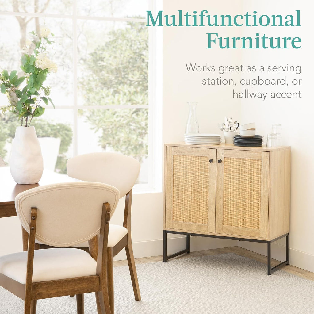 Best Choice Products 2-Door Rattan Storage Cabinet, Accent Furniture, Multifunctional Cupboard for Living Room, Hallway, Kitchen, Sideboard, Buffet Table w/Non-Scratch Foot Pads - Natural