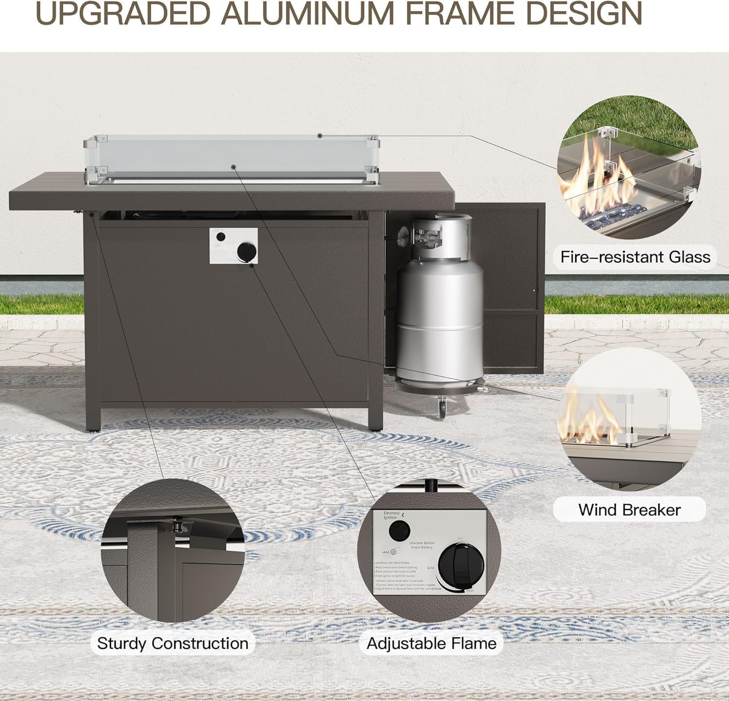 Aluminum Patio Furniture Set with 55,000 BTU Propane Fire Pit Table,5 Seats Metal Modern Outdoor Furniture w/5.1' Cushions,Patio Sectional for Backyard,Patio,Black