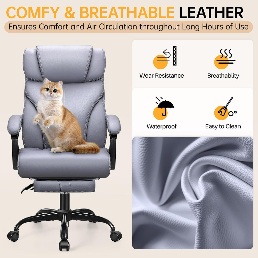 HeroSet Big and Tall Office Chair with Foot Rest, 400lbs Ergonomic Reclining High Back Executive Leather Chair, Lumbar Support Swivel Computer Desk Chairs for Heavy People Home Office Gaming(Gray)