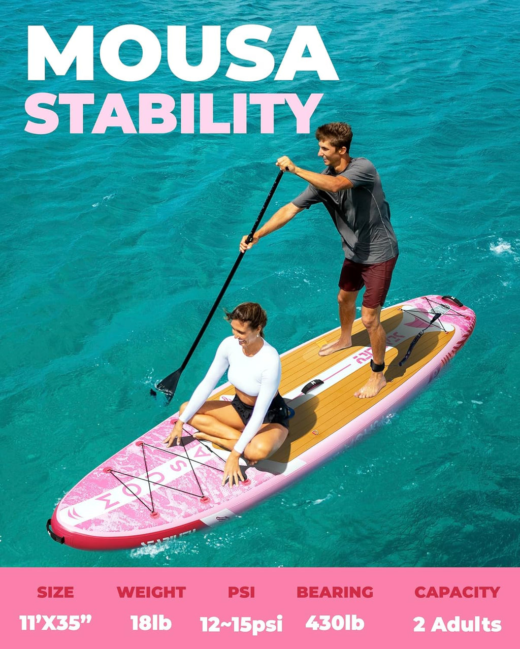 MOUSA 10'8/11'×35' Extra Wide Inflatable Stand Up Paddle Board, Stable Paddleboard SUP for 2 People/Family, Anti-Slip Full EVA Deck, 3 Handles, 100L Backpack, All-Round Sup Board, Big Fin
