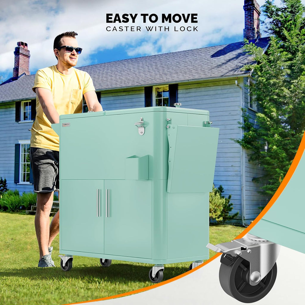 VINGLI Patio Cooler, Ice Chest with Storage Cabinet, Bottle Opener Drainage, Outdoor Cooler for Party, Deck, Pool