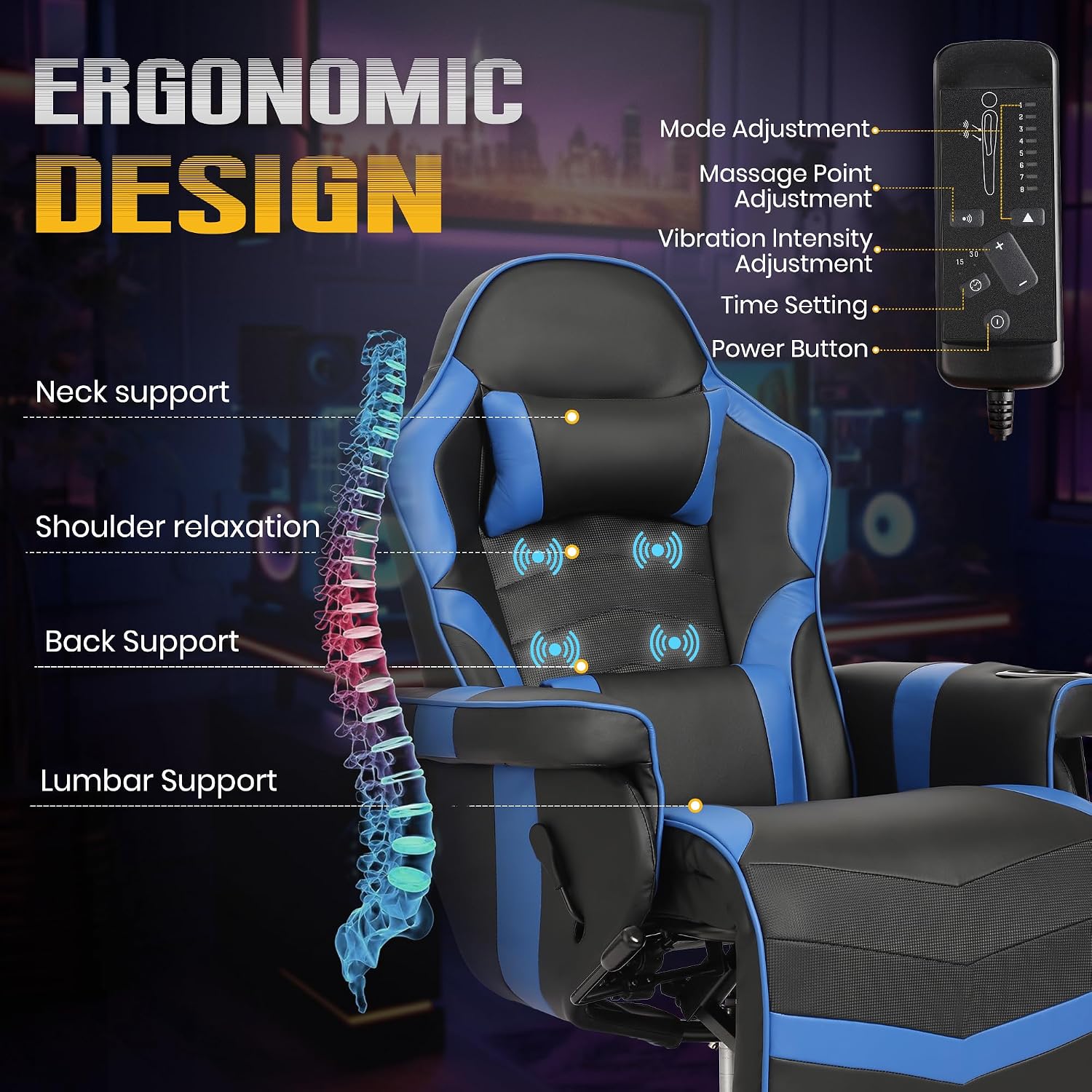Massage Gaming Recliner Chair with Cup Holder & Side Pockets – Ergonomic PU Leather Video Gaming Chair with Footrest, Manual Recline, Headrest & Lumbar Support for Office or Game Room (Blue)