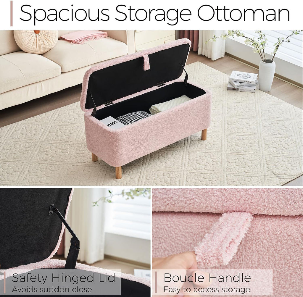 Boucle Storage Ottoman Bench for Bedroom end of Bed, Sherpa Upholstered Shoe Seat Storage Bench for Entryway Bed Foot, Rectangle Cushion Padded Blanket Chest Cute for Living Room, Pink