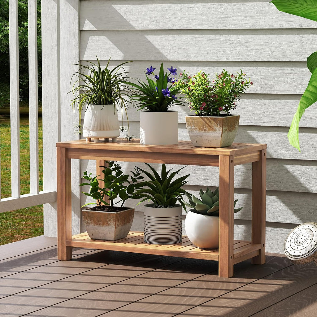 Giantex Teak Shower Bench with Shelf, 30 Inch Shower Stool with Slatted Seat for Elderly Seniors, Waterproof Bathroom Spa Bathing Seat Foot Rest Entryway Bench for Indoor and Outdoor Use