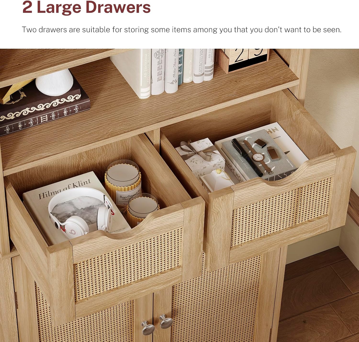 Iwell Tall Storage Cabinet, Rattan Cabinet with 2 Drawers & Adjustable Shelf, Kitchen Pantry Storage Cabient, Entryway Cabinet for Living Room, Dining Room, Home Office, Natural