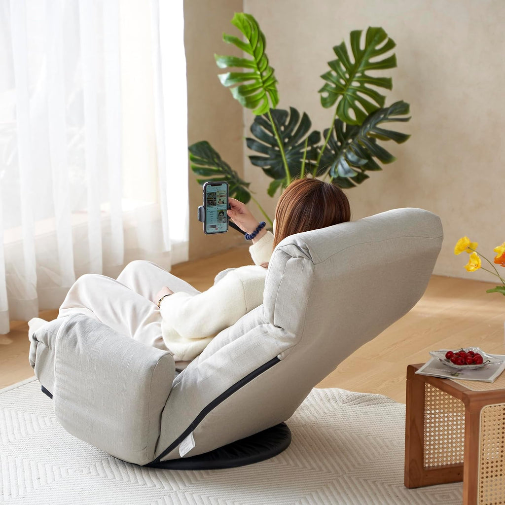 Floor Chair with Back Support, Swivel Gaming Chair with 5 Adjustable Position, Meditation Chair with Phone Holder, Linen Indoor Lounge Chair for Lazy Boys, Living Room, Bedroom, Lounge, Grey