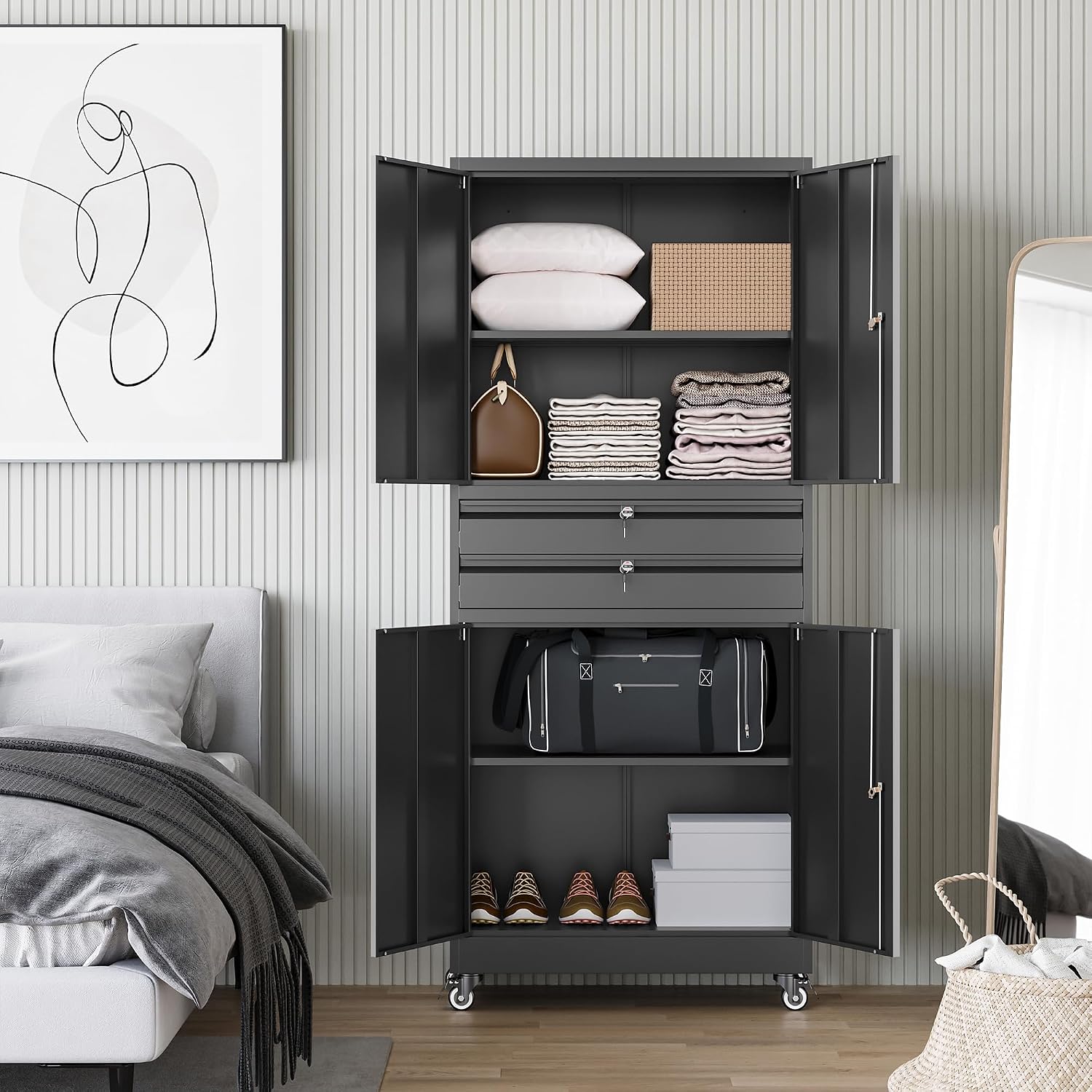 Letaya Metal Garage Storage Cabinet with Wheels,Rolling Tool Cabinet with 4 Door Lock-Adjustable Shelves and 2 Drawer for Garage Home Office Utility Room (Black with Wheels)