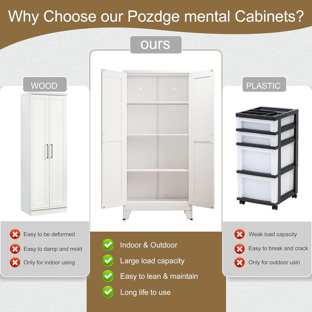 pozdeg Metal Storage Cabinet - 61' Tall Steel File Cabinets with 2 Doors and 3 Adjustable Shelves Versatile Storage Pantry Cabinet for Home Office Warehouse Garage or Outdoor (White)