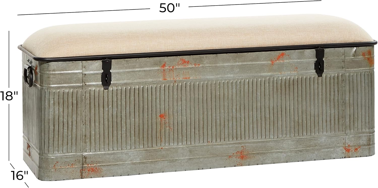 Deco 79 Metal Room Storage Bench Galvanized Entryway Bench with Cream Burlap Top, Bench 50' x 16' x 18', Gray