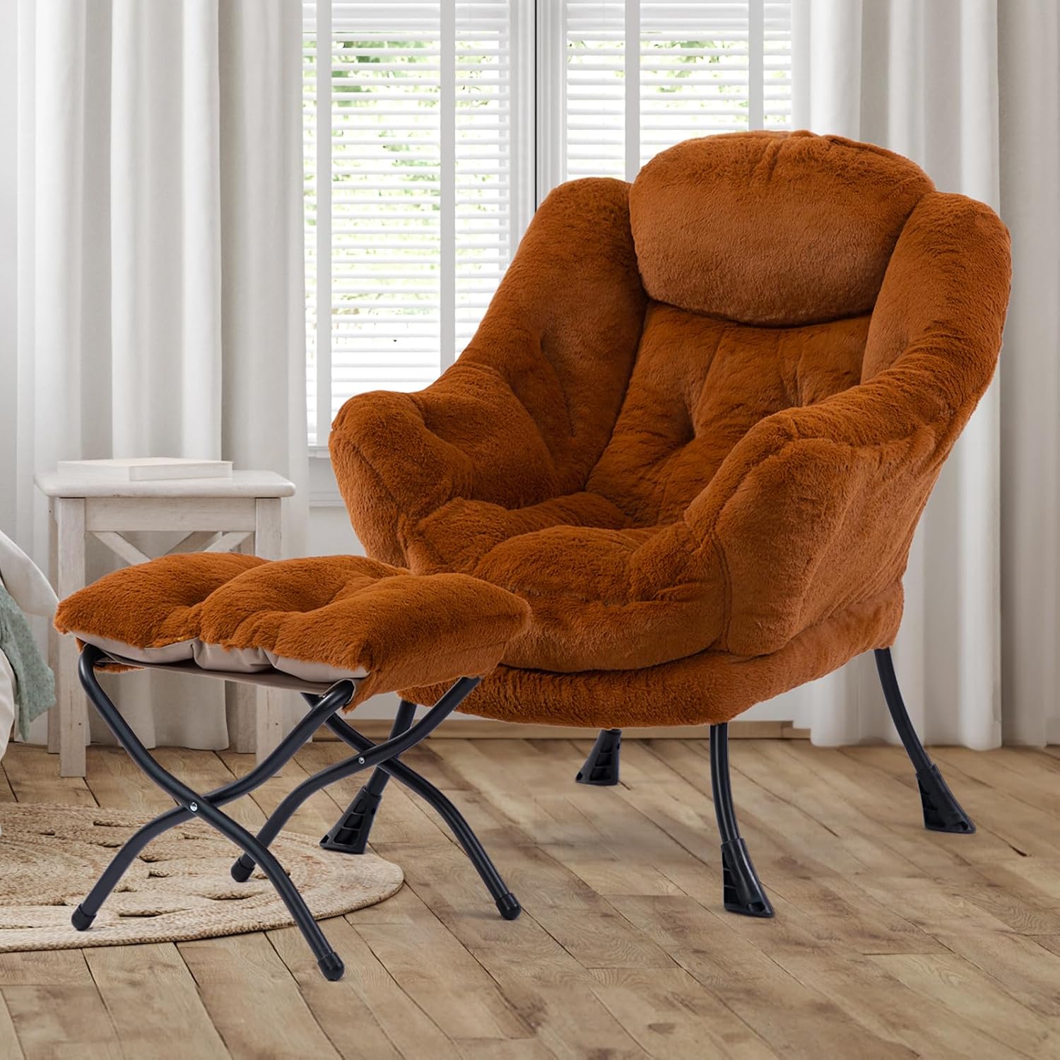 HollyHOME Lazy Chair with Foldable Ottoman, Accent Comfy Lounge Armchair and Folding Footrest Stool, Leisure Sofa Reading Chair and Footstool for Living Room, Bedroom,Faux Fur Brown