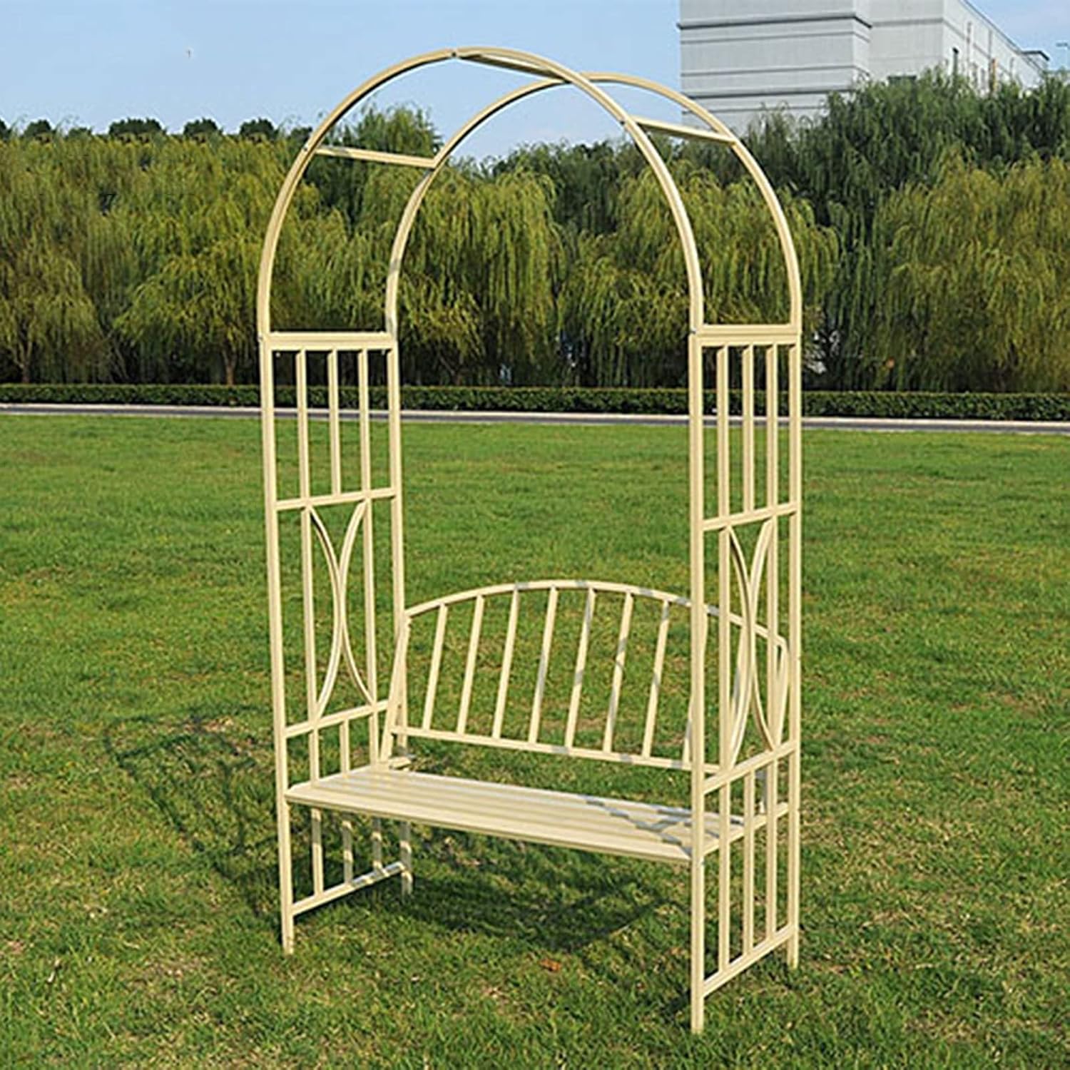 Outdoor Garden Bench,Garden Arch Wedding Decoration, Metal Garden Pavilion Arch Pergola with Relaxing Benches, Used for Rock Climbing Plants Lawn Backyard Clim,White